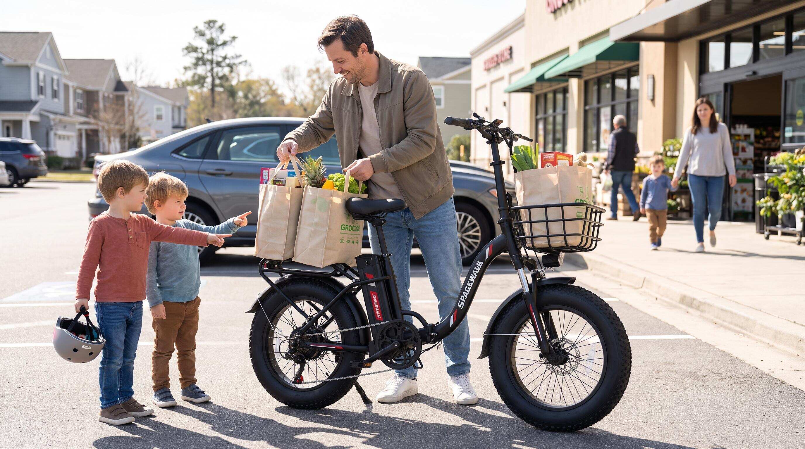 Family loading cargo e-bike with groceries as green alternative to driving second car Family loading cargo e-bike with groceries as green alternative to driving second car