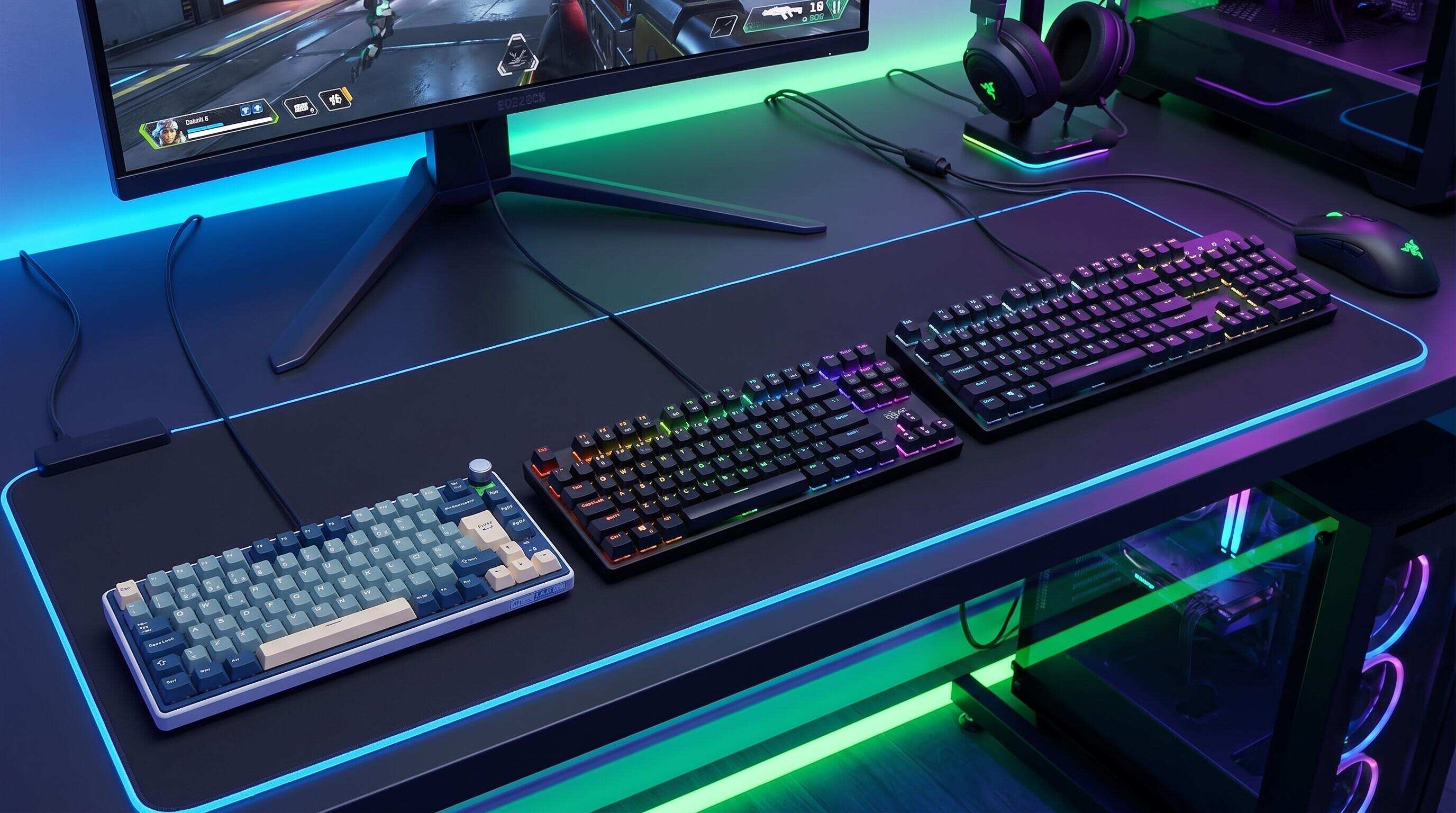 Comparaison de formats de claviers gaming : 60% compact vs TKL vs full-size sur un bureau de gamer