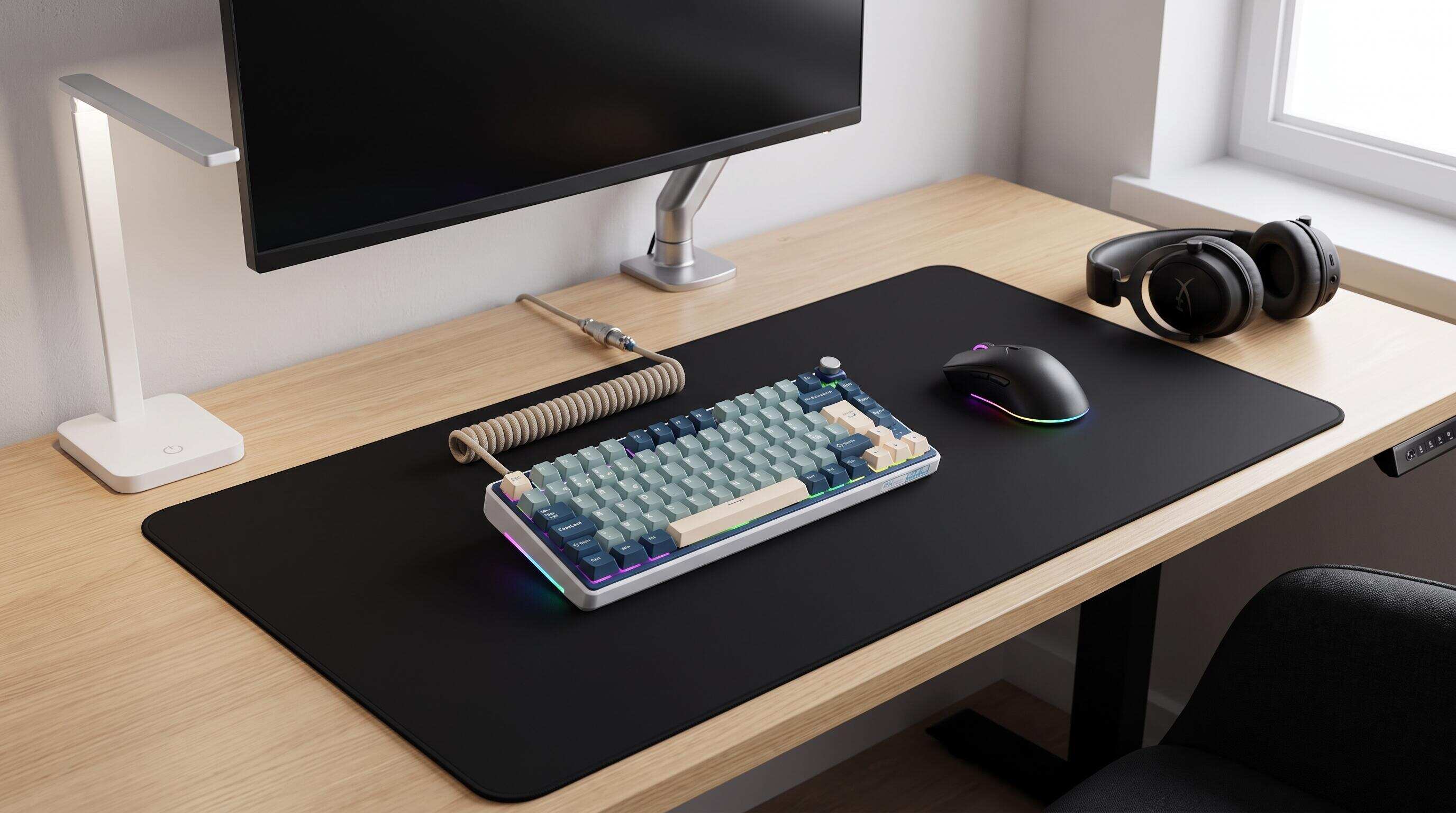 Clavier compact 60% posé sur un petit bureau gaming minimaliste avec souris et tapis de jeu