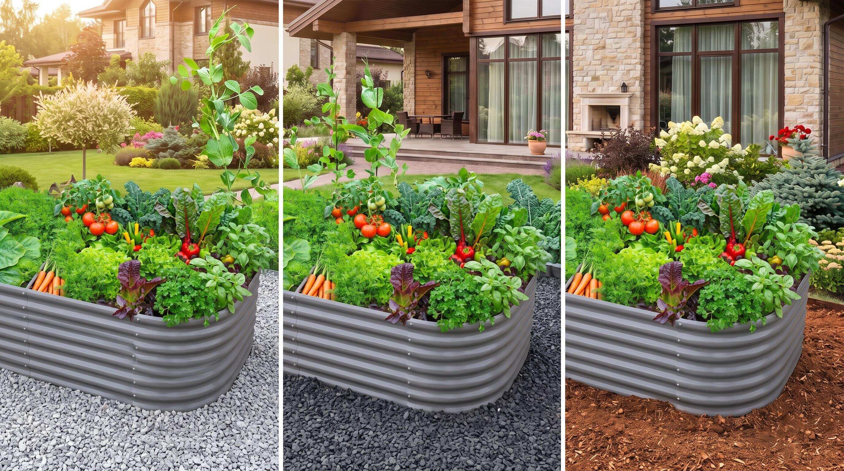 Comparison of galvanized silver, charcoal, and earthy-toned raised garden beds in different landscape settings