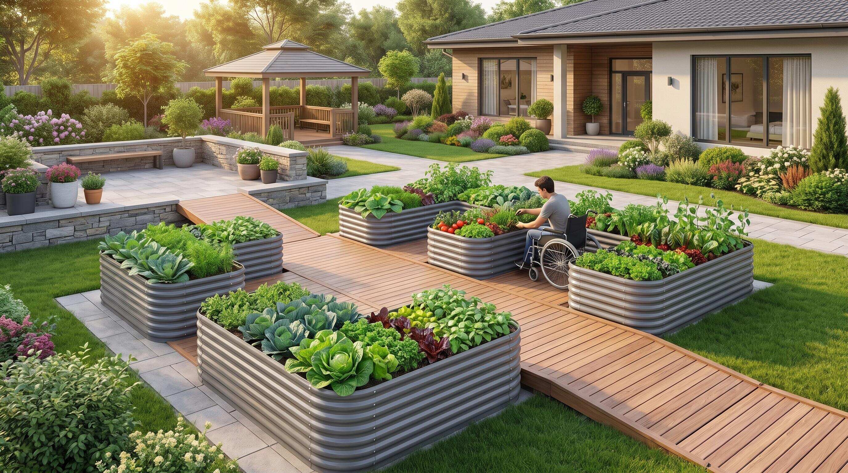 Accessible garden bed layout showing multiple heights and pathway access for wheelchair users Accessible garden bed layout showing multiple heights and pathway access for wheelchair users