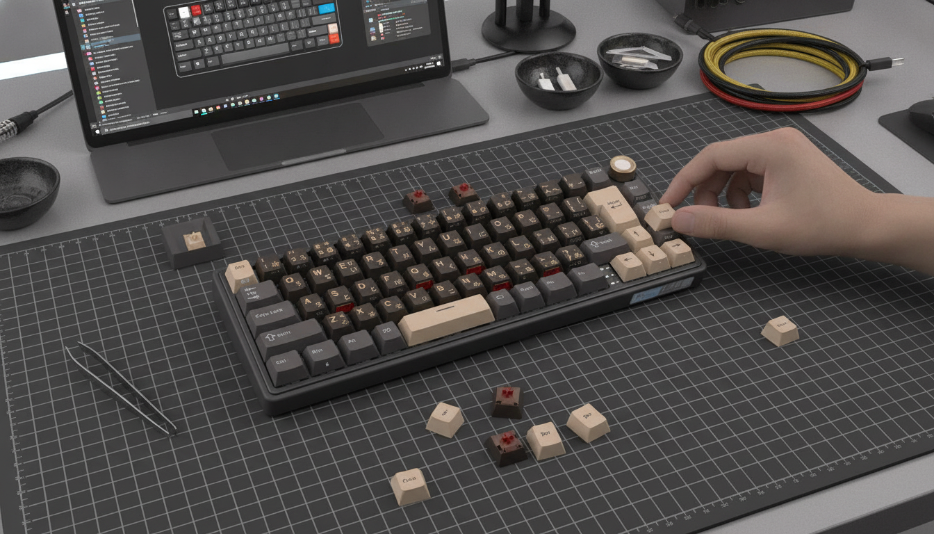 ホットスワップ対応メカニカルキーボードのスイッチ交換シーン：はんだ不要でカスタマイズする様子