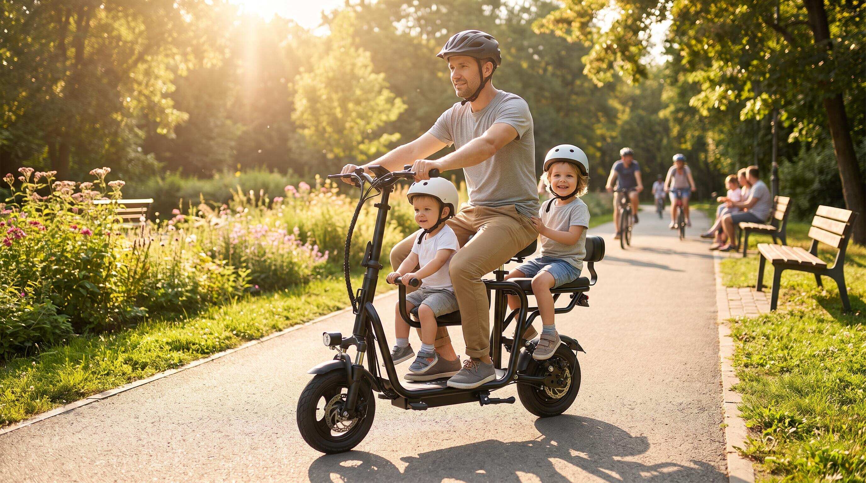 Family riding cargo e-bike with two children on a paved trail