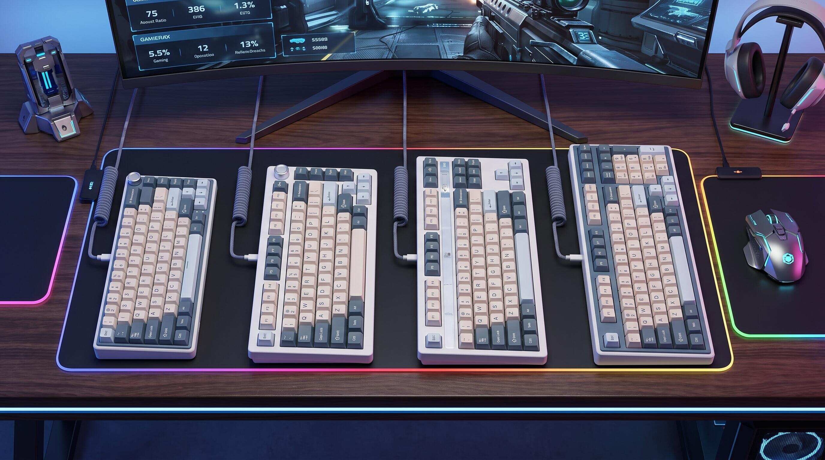 Keyboard layout size comparison showing 60%, 75%, 80%, and full-size keyboards side by side on a gaming desk