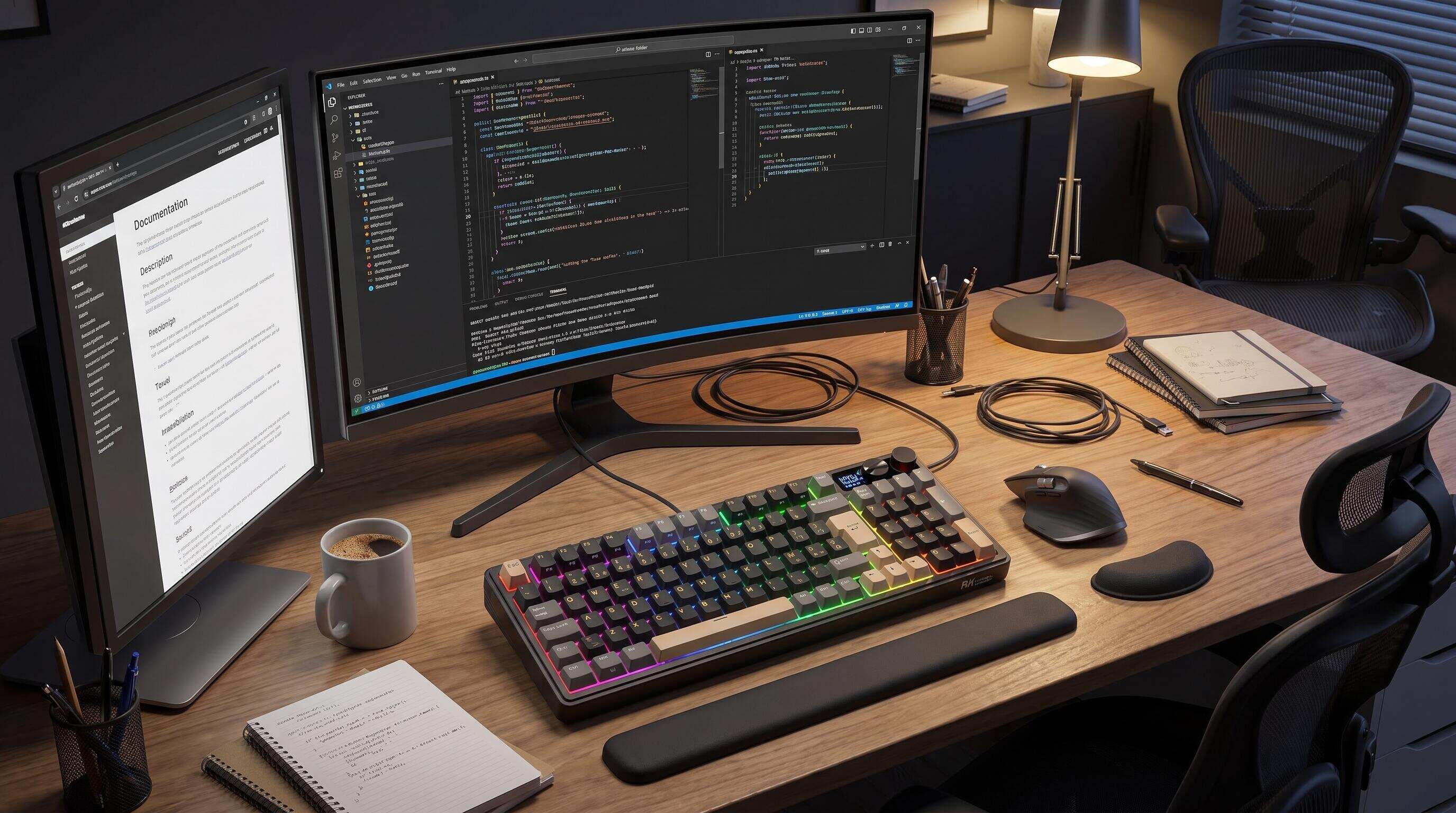 Clavier ergonomique mécanique RK sur setup développeur minimaliste