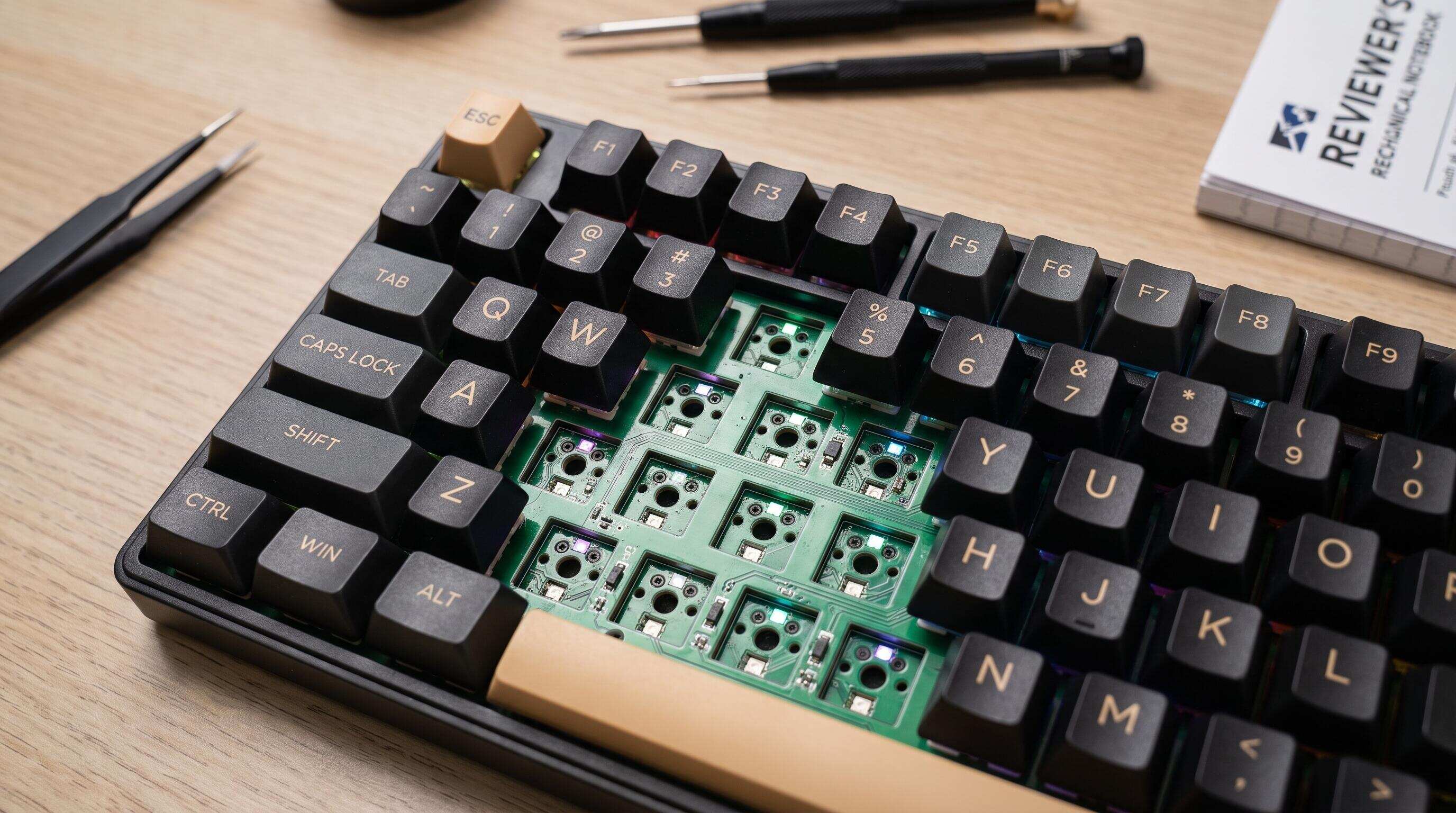RK ROYAL KLUDGE R98 Pro keyboard layout and switch hot-swap detail close-up