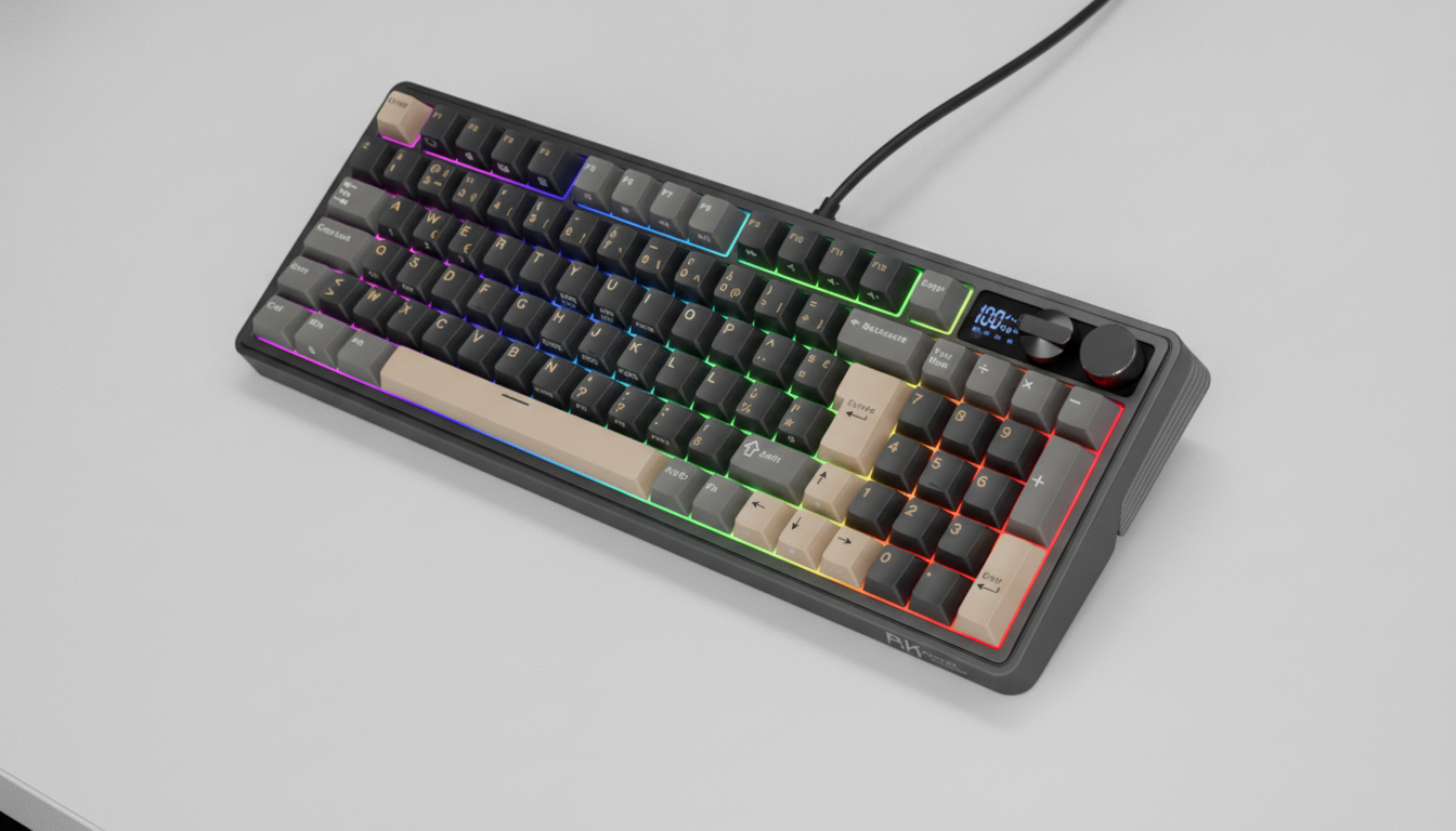 Clavier mécanique Royal Kludge posé sur un bureau gaming minimaliste avec éclairage RGB