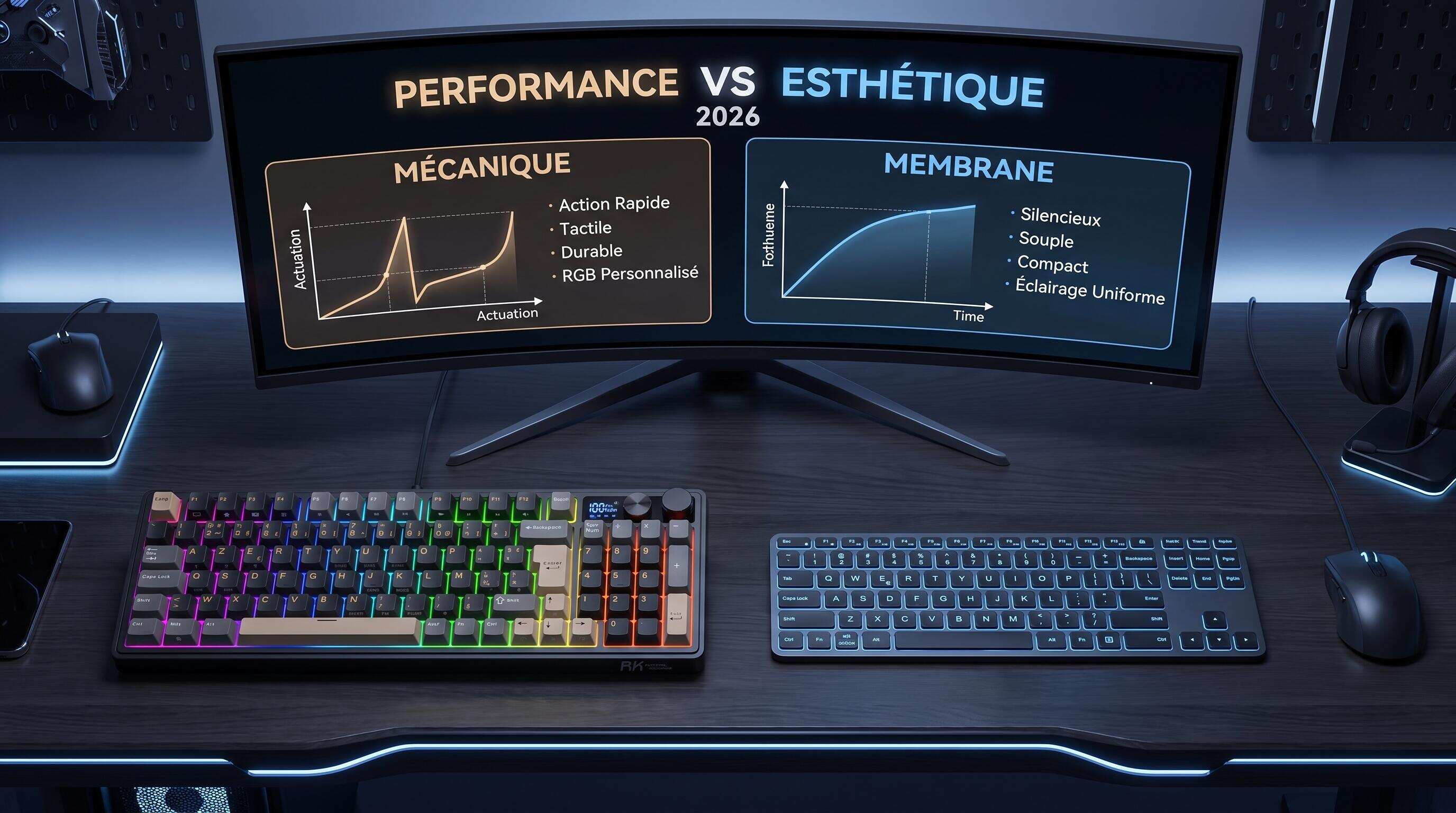 Comparatif clavier mécanique et clavier à membrane : setup gaming complet avec RGB et design minimaliste
