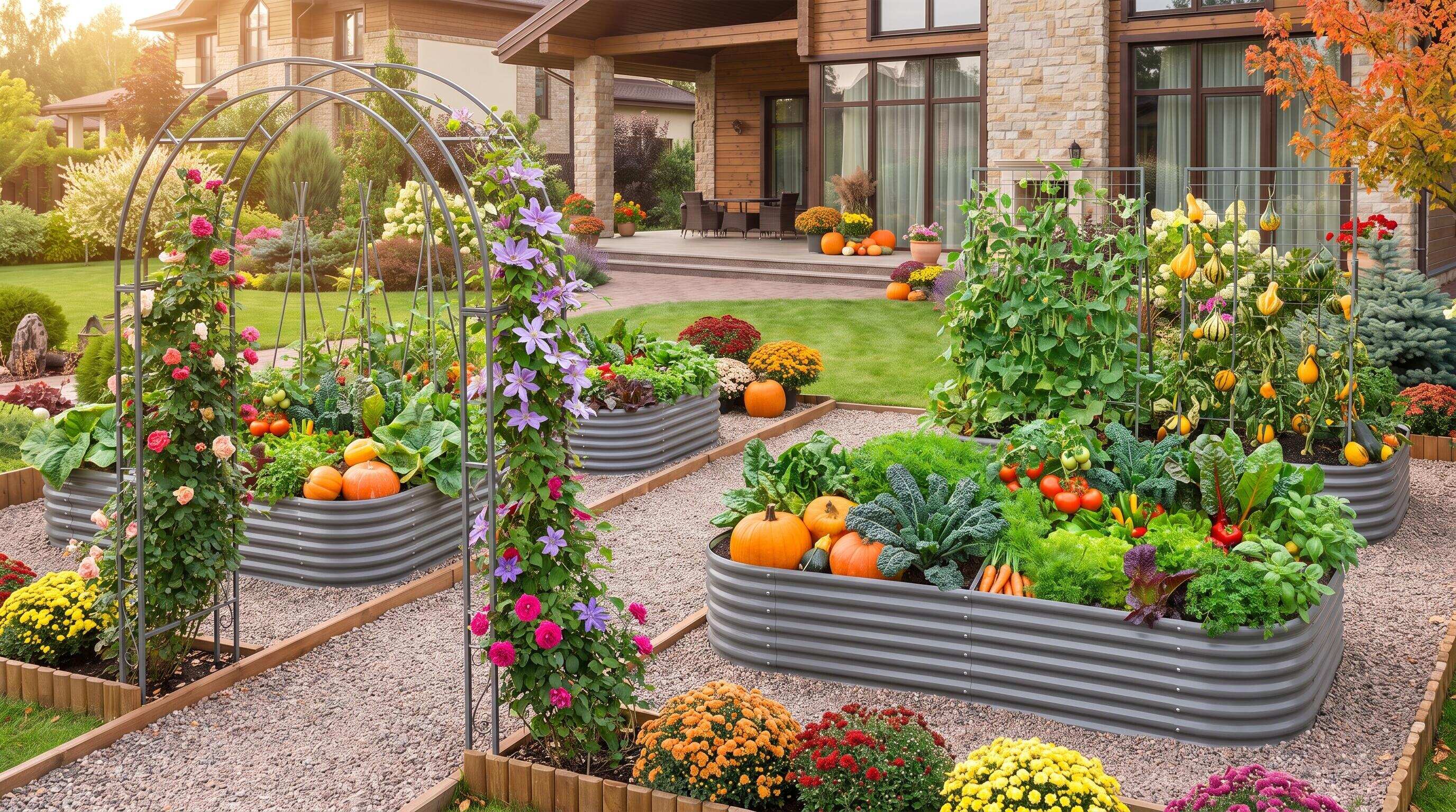 Fall raised bed garden layout with trellises, gravel pathways, metal edging, and garden arch creating a finished outdoor design Fall raised bed garden layout with trellises, gravel pathways, metal edging, and garden arch creating a finished outdoor design