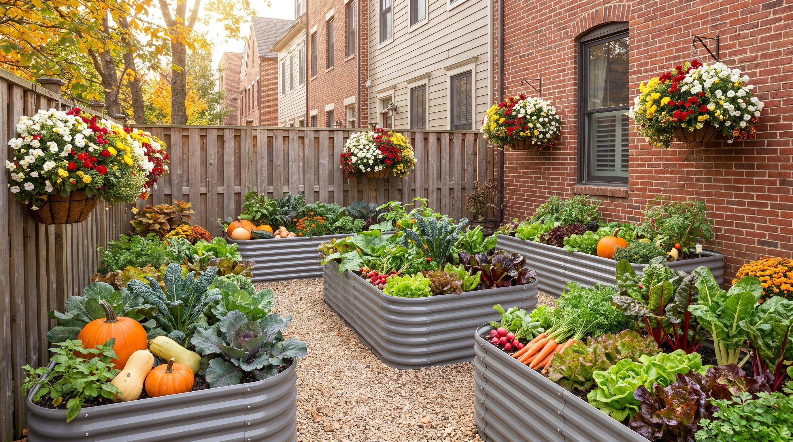 Modular raised bed grid layout in a small urban backyard showing fall planting arrangement Modular raised bed grid layout in a small urban backyard showing fall planting arrangement