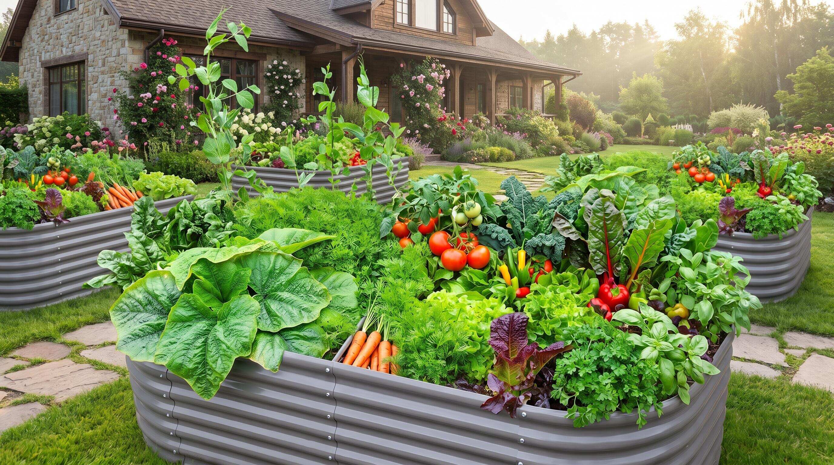 Galvanized steel planters in varied heights create a structured and visually cohesive fall raised bed garden layout Galvanized steel planters in varied heights create a structured and visually cohesive fall raised bed garden layout