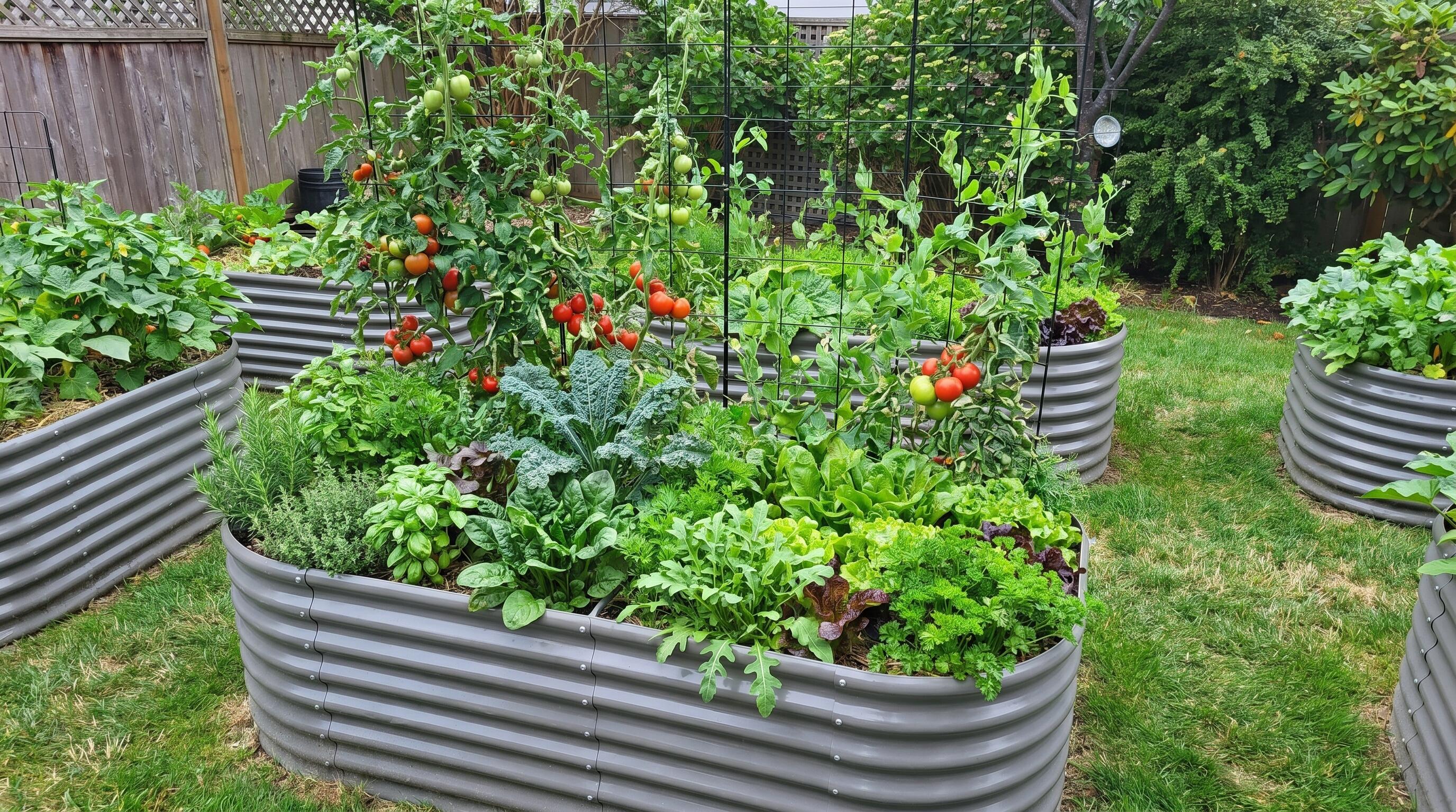 A galvanized steel raised garden bed in a lush backyard garden, showcasing durable construction and long-lasting raised bed gardening design