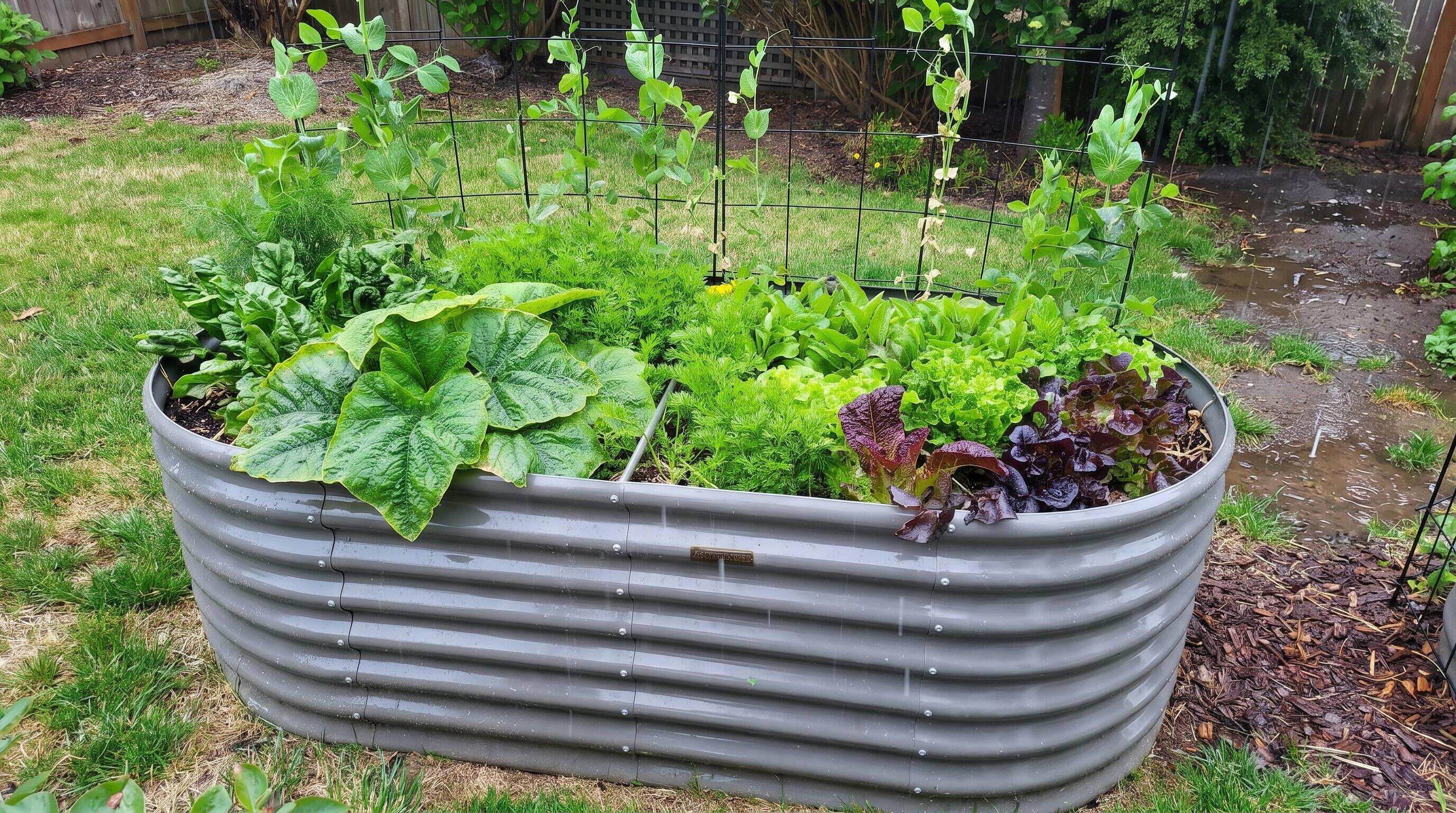 Raised garden beds in a wet rainy garden showing rust prevention methods and protective coating Raised garden beds in a wet rainy garden showing rust prevention methods and protective coating