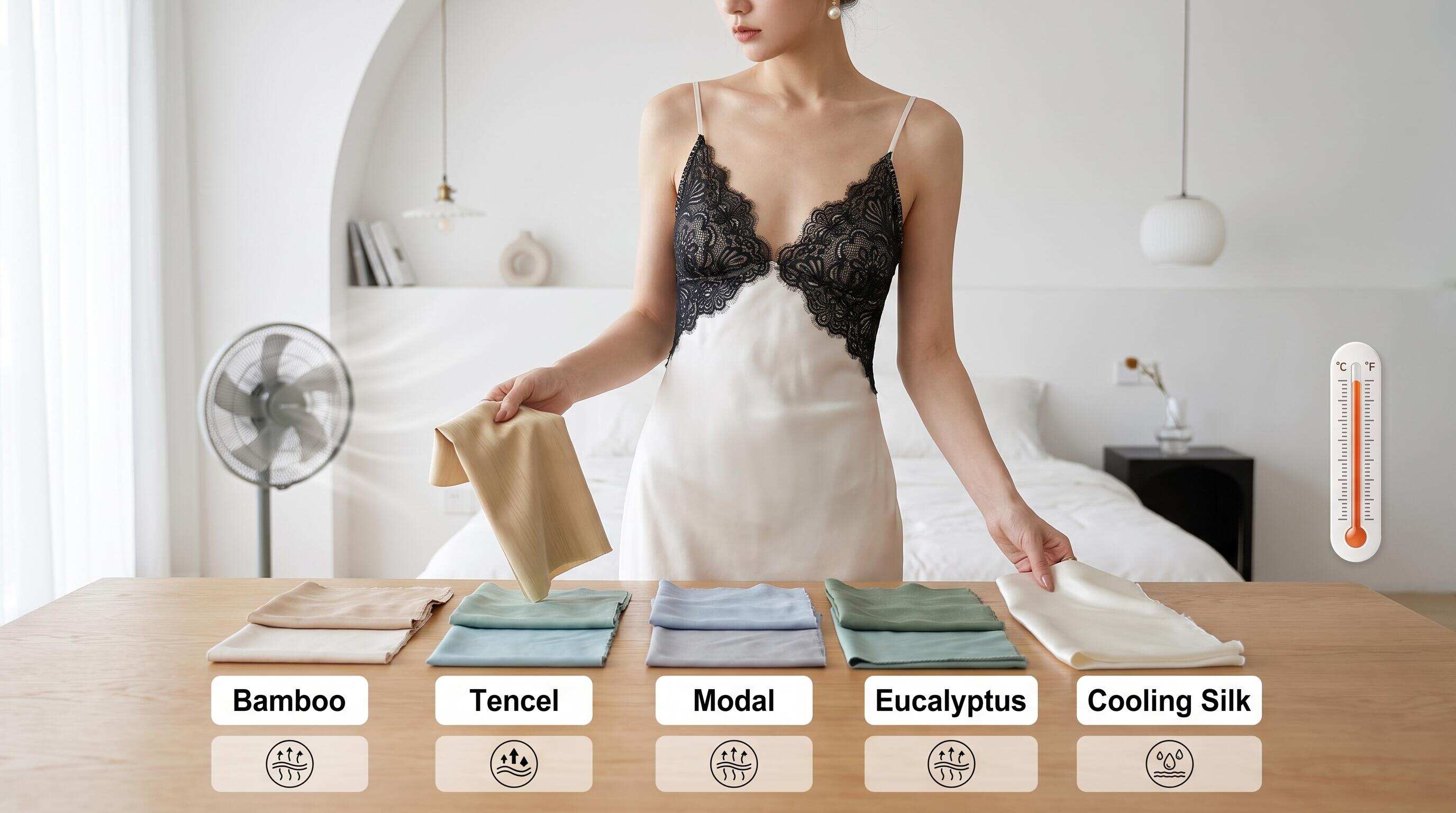 A person selecting lightweight breathable pajamas for hot summer nights