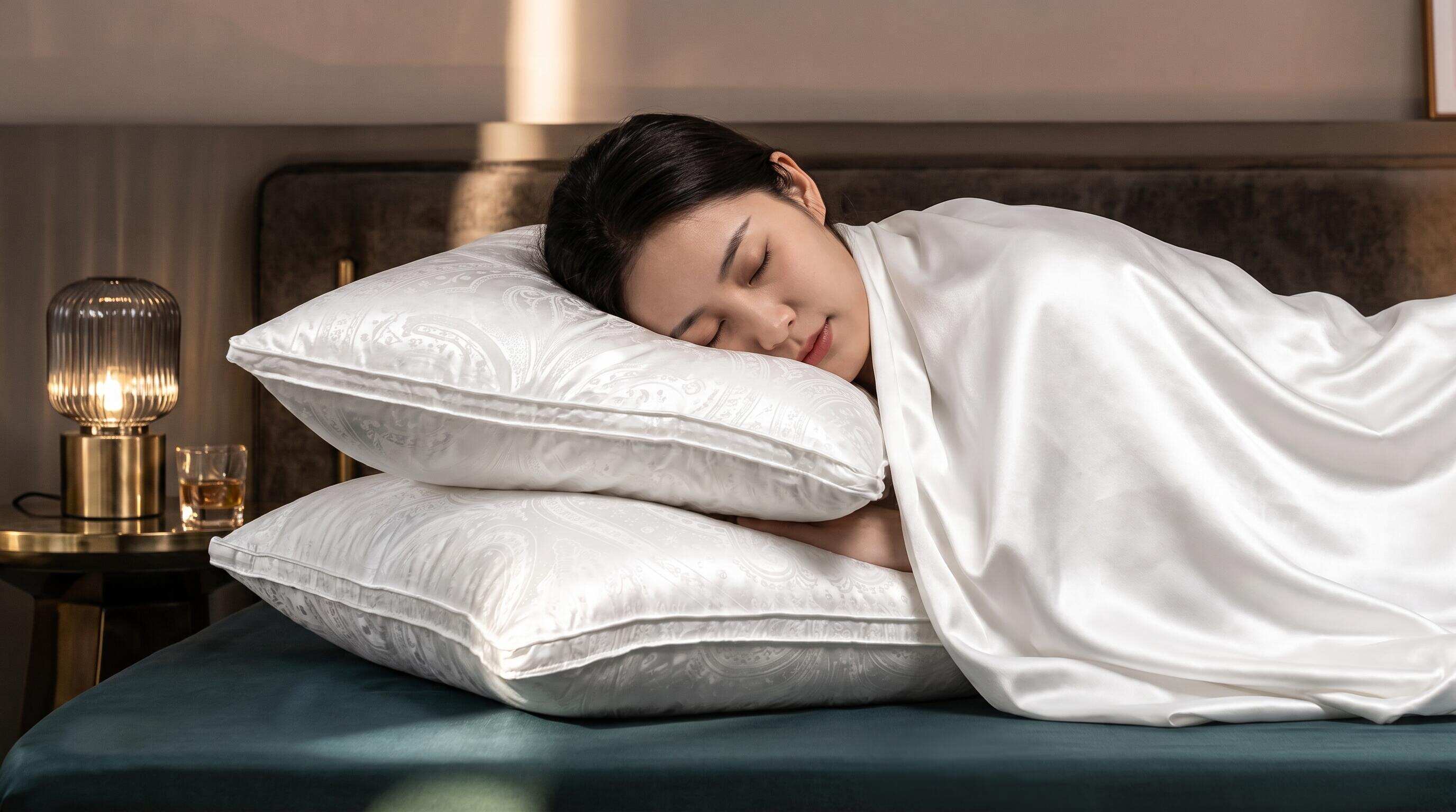 Person sleeping peacefully on smooth ice-silk pillowcase in warm climate bedroom setting Person sleeping peacefully on smooth ice-silk pillowcase in warm climate bedroom setting
