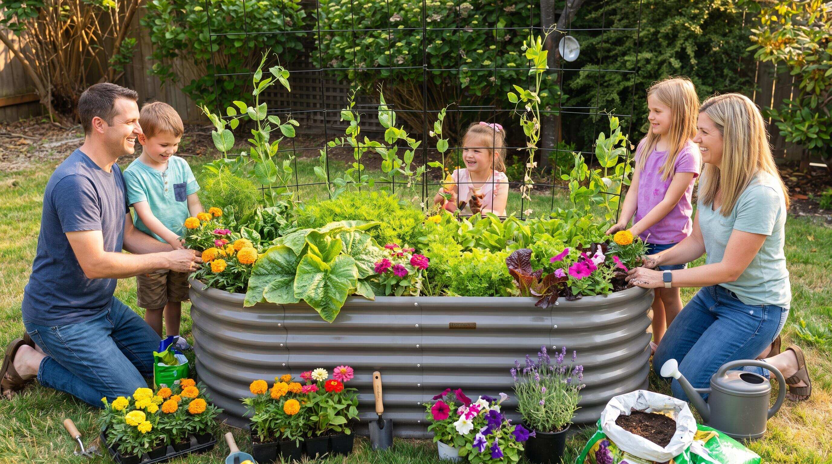 A family working together in a backyard garden with galvanized steel raised garden beds surrounded by outdoor living products
