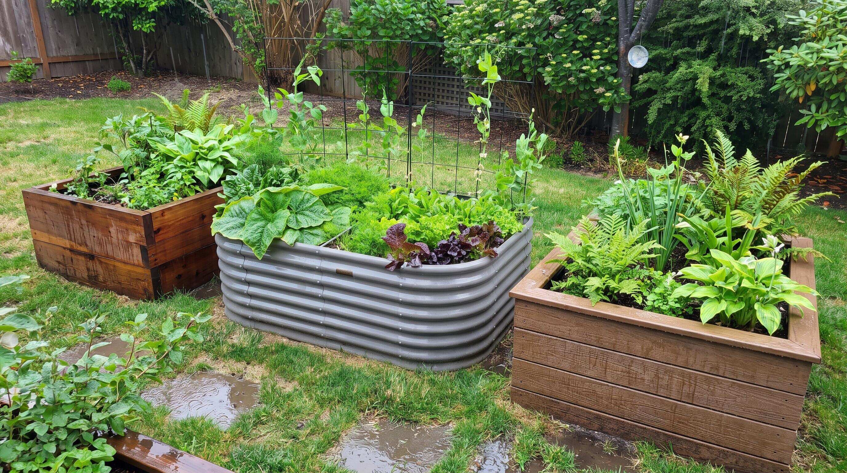 A galvanized steel raised garden bed thriving in a lush, rain-soaked Pacific Northwest backyard garden