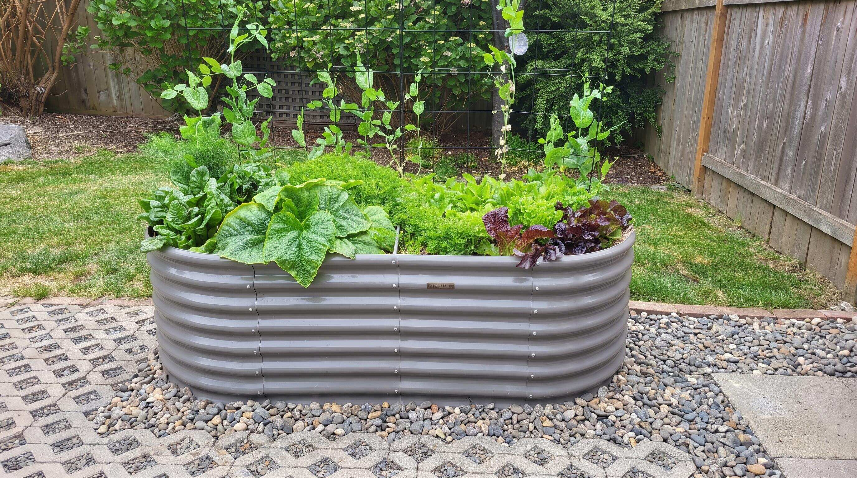 A metal raised garden bed on a paved patio surface with gravel drainage layer and healthy green plants growing inside A metal raised garden bed on a paved patio surface with gravel drainage layer and healthy green plants growing inside