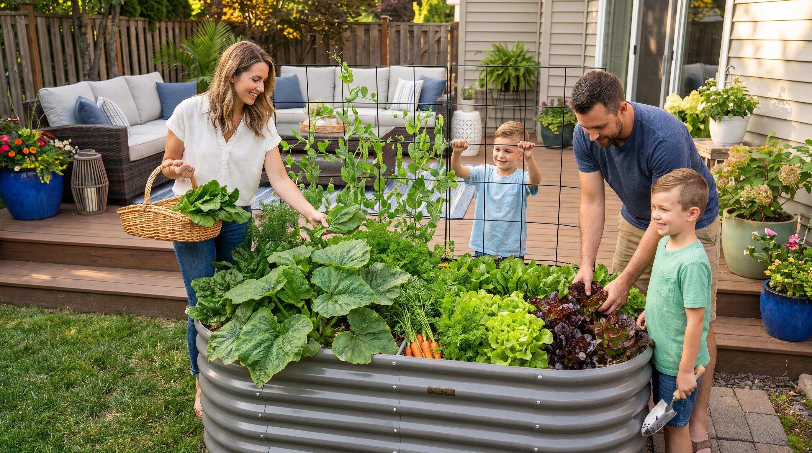 Family harvesting vegetables from tall galvanized steel raised garden beds with a garden trellis supporting climbing plants