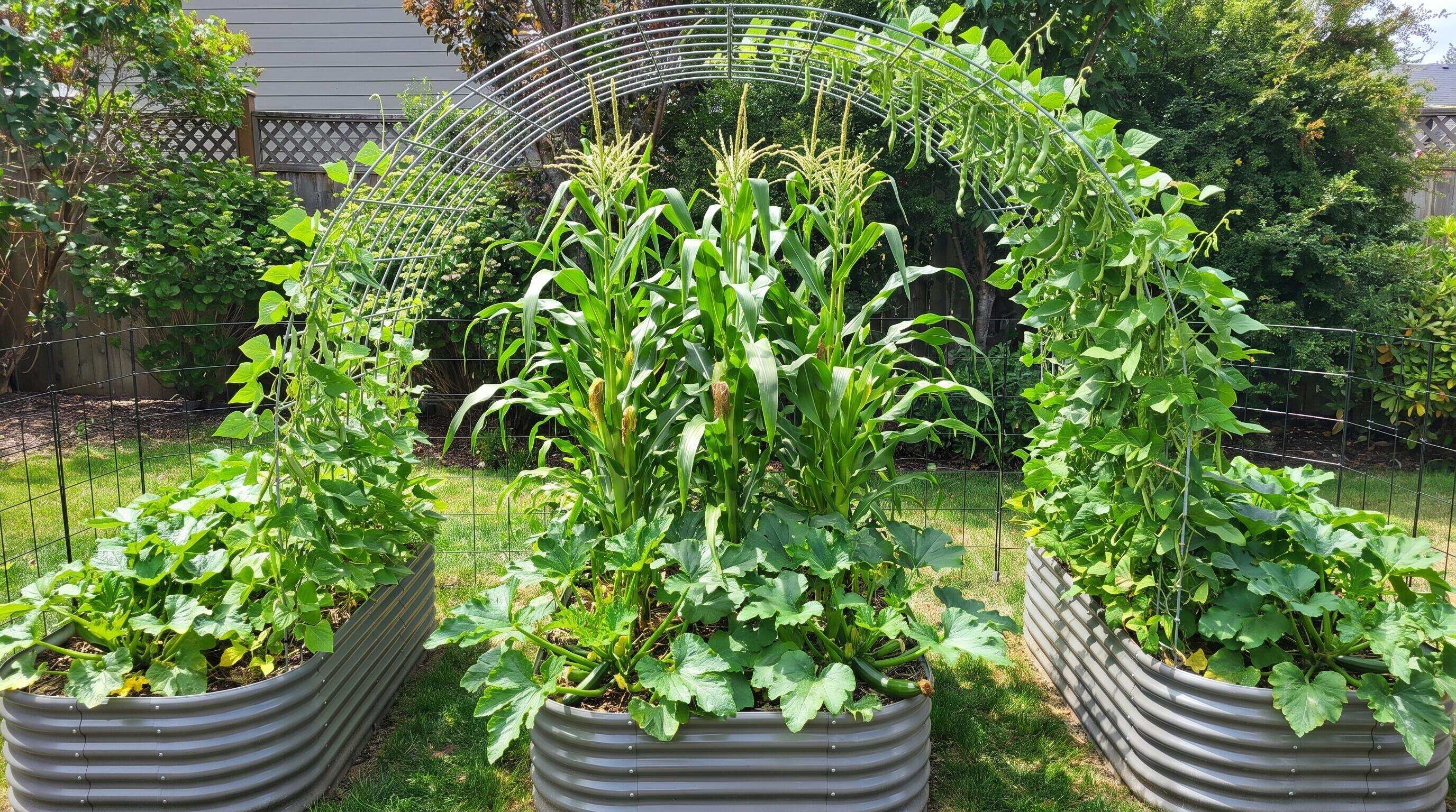 Pole beans climbing a garden trellis alongside tall corn stalks in an 8x4 galvanized steel raised garden bed with squash spreading at the base Pole beans climbing a garden trellis alongside tall corn stalks in an 8x4 galvanized steel raised garden bed with squash spreading at the base