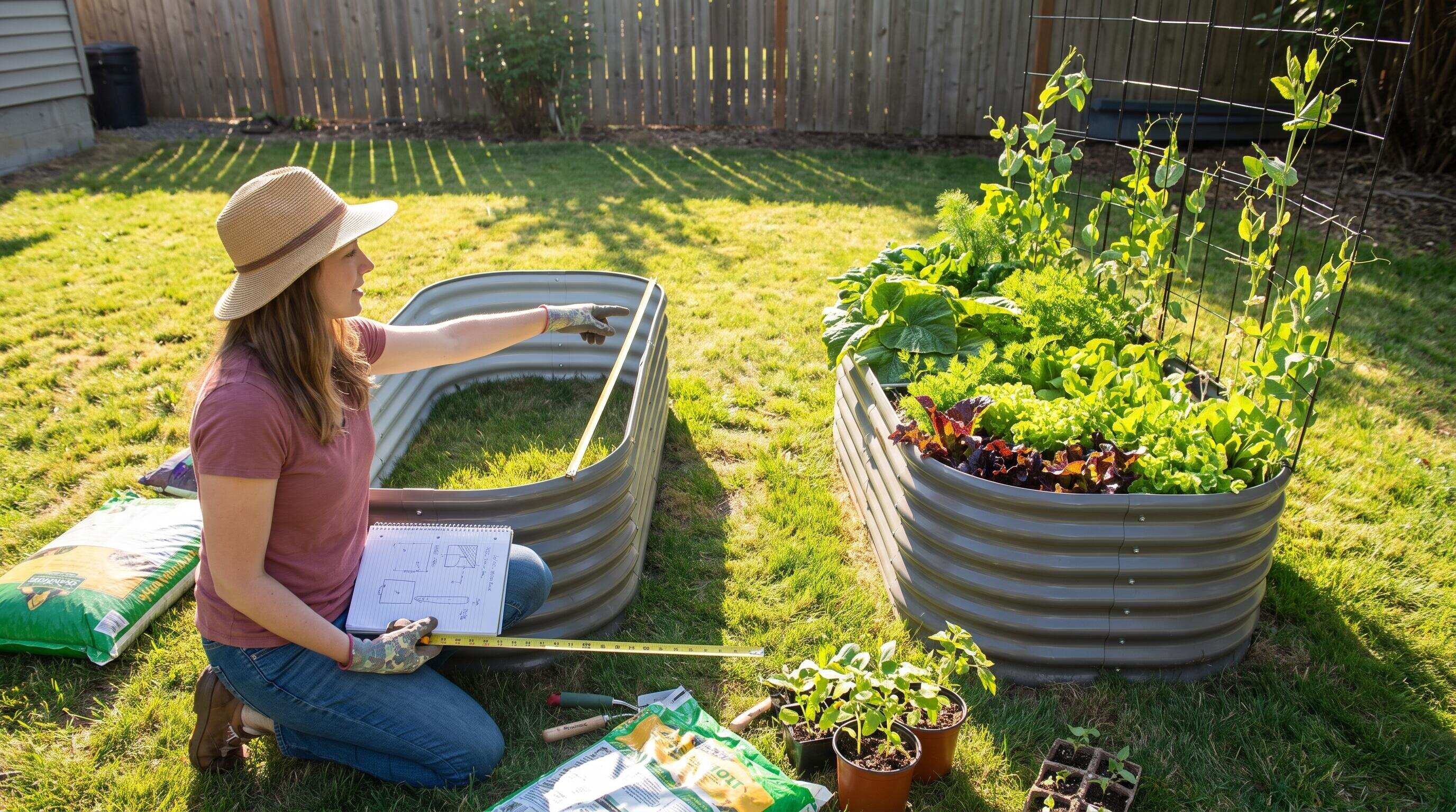 A beginner planning and planting a first raised bed garden with galvanized steel beds arranged in an organized backyard layout
