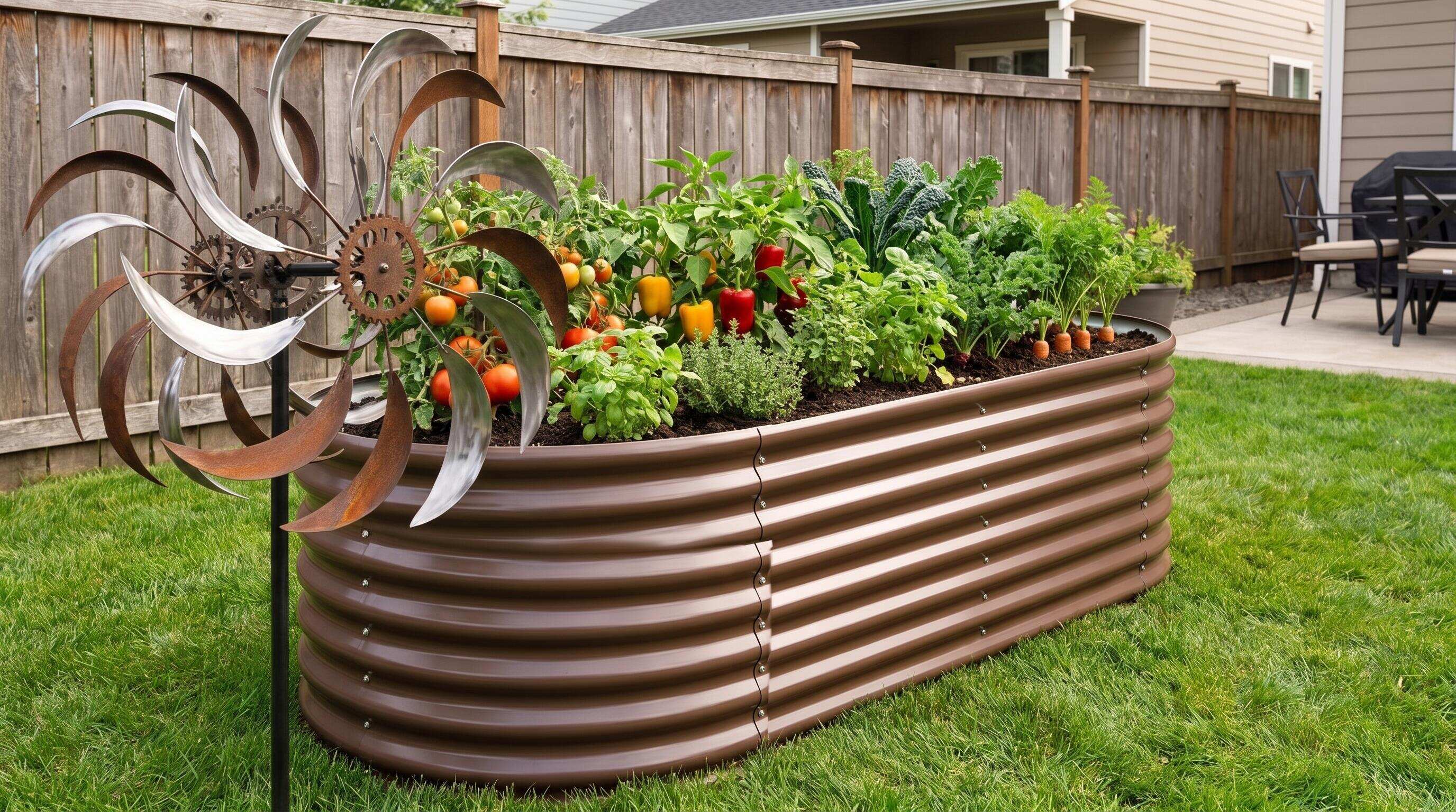 Kinetic wind spinners and galvanized steel raised beds styled in a backyard kitchen garden layout