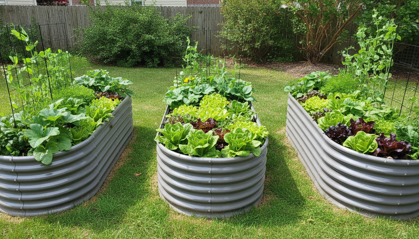 Raised bed layout comparison showing parallel row, U-shape, and tiered staggered arrangements in a compact backyard garden Raised bed layout comparison showing parallel row, U-shape, and tiered staggered arrangements in a compact backyard garden