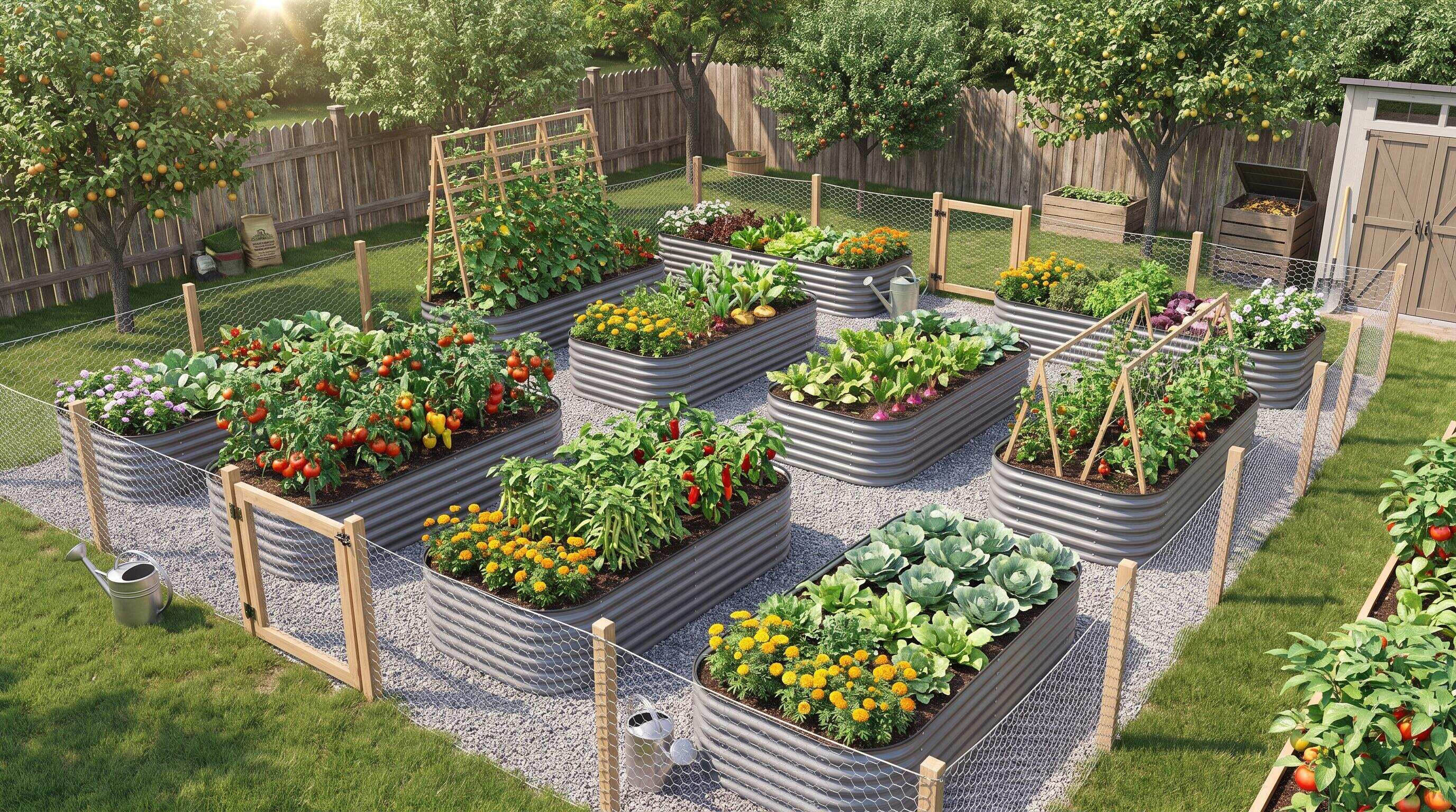 A well-organized multi-bed raised bed garden layout showing clear pathways, mixed bed sizes, and thriving vegetable plantings A well-organized multi-bed raised bed garden layout showing clear pathways, mixed bed sizes, and thriving vegetable plantings