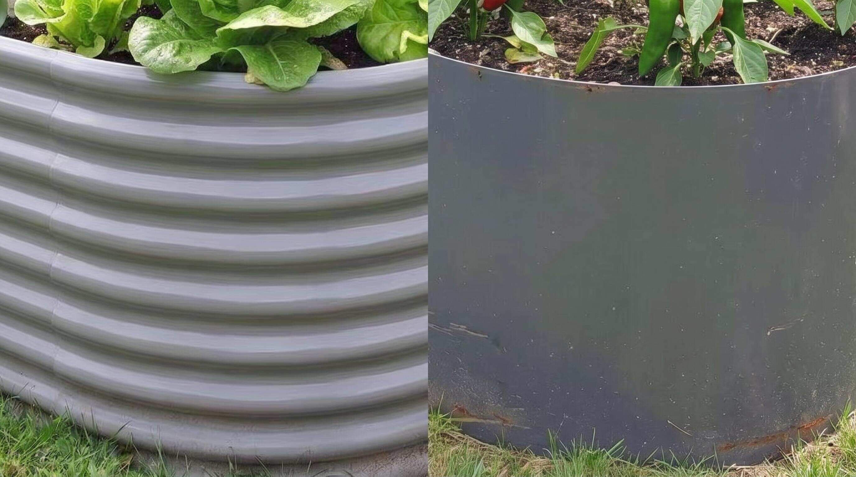 Metal garden bed coating comparison showing galvanized and powder-coated surfaces Metal garden bed coating comparison showing galvanized and powder-coated surfaces
