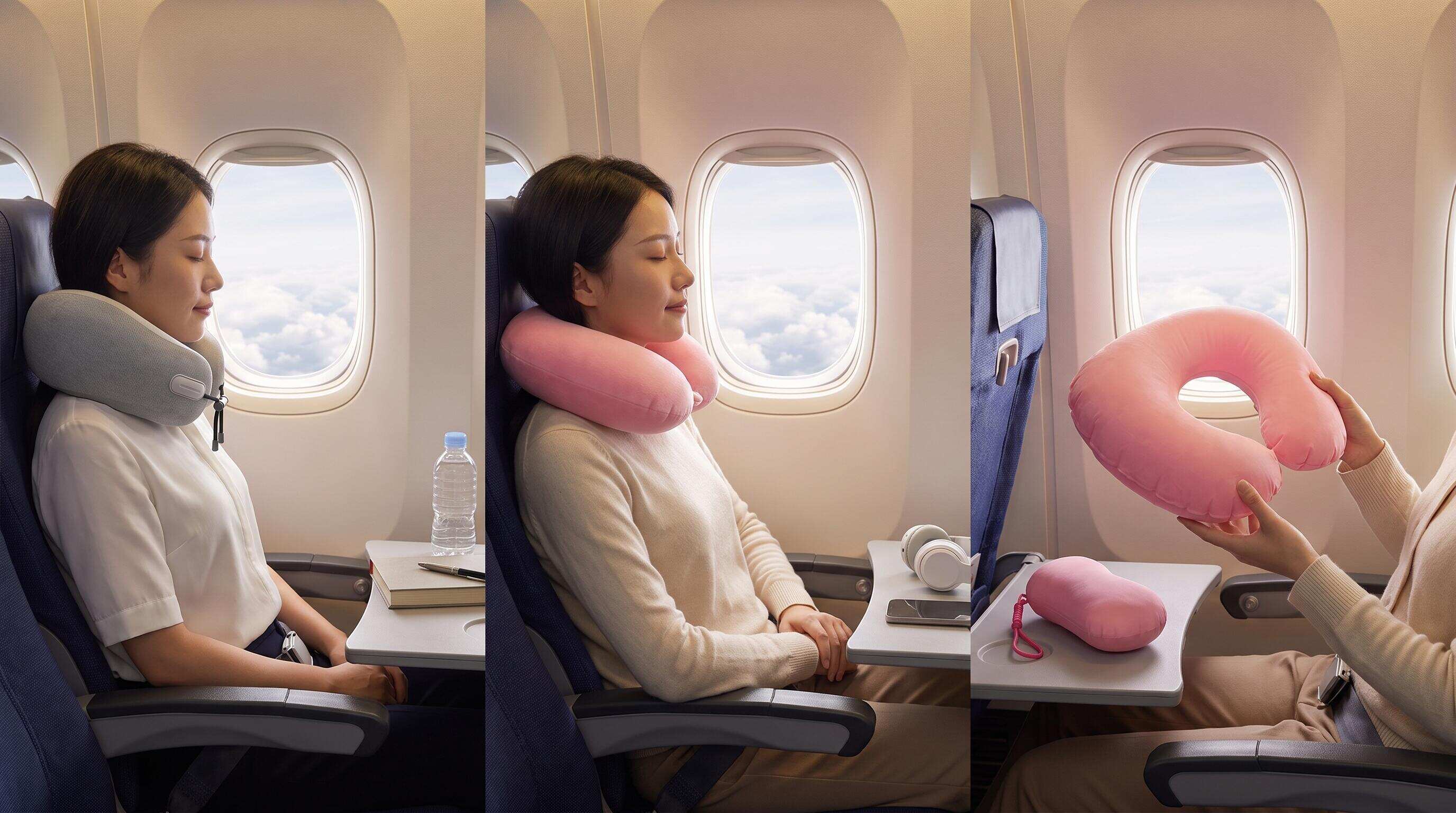 Person sleeping comfortably on a long-haul flight using a travel neck pillow for proper cervical support