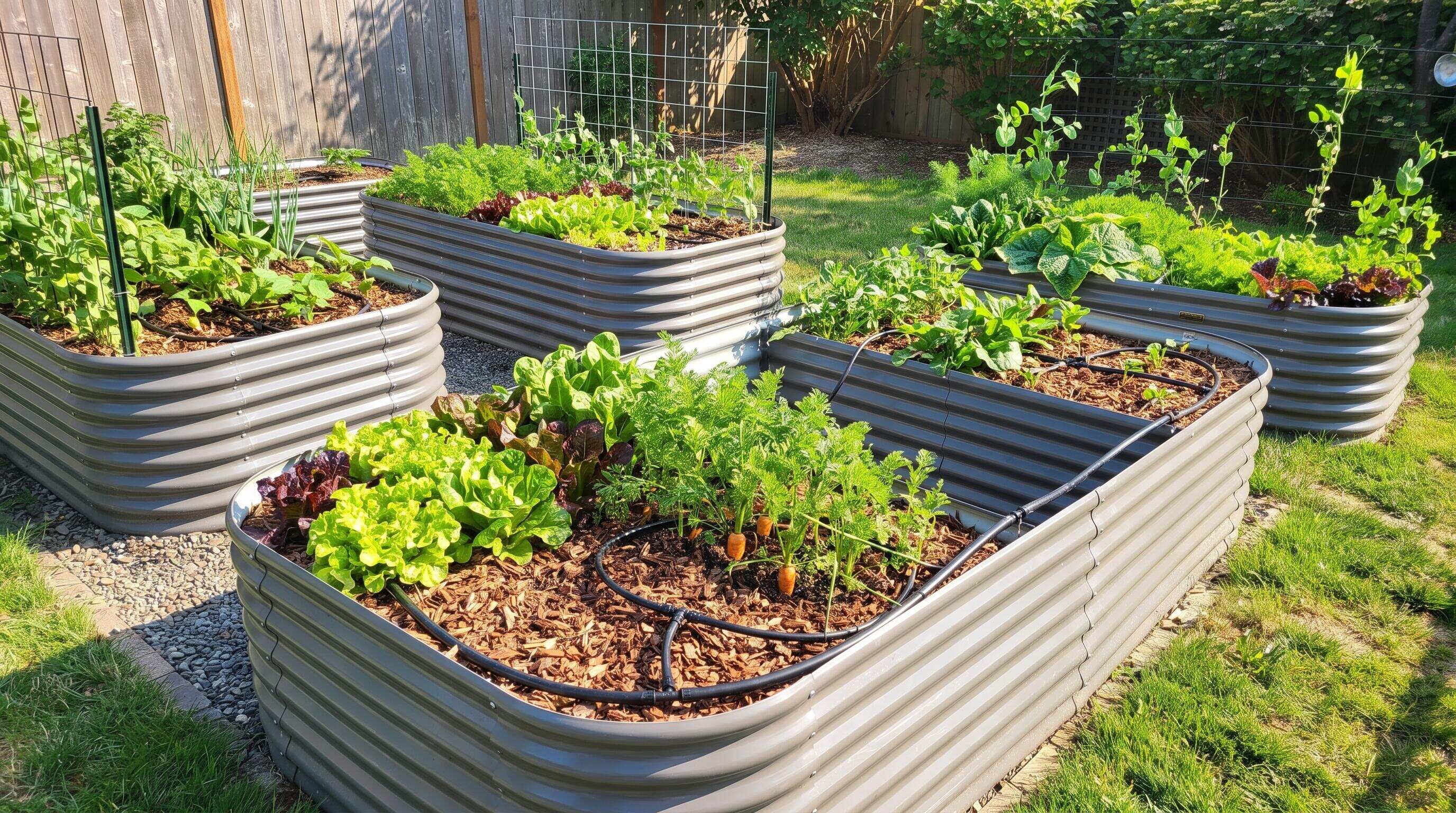 A gardener connecting drip irrigation tubing across multiple galvanized steel raised garden beds in a sunny backyard