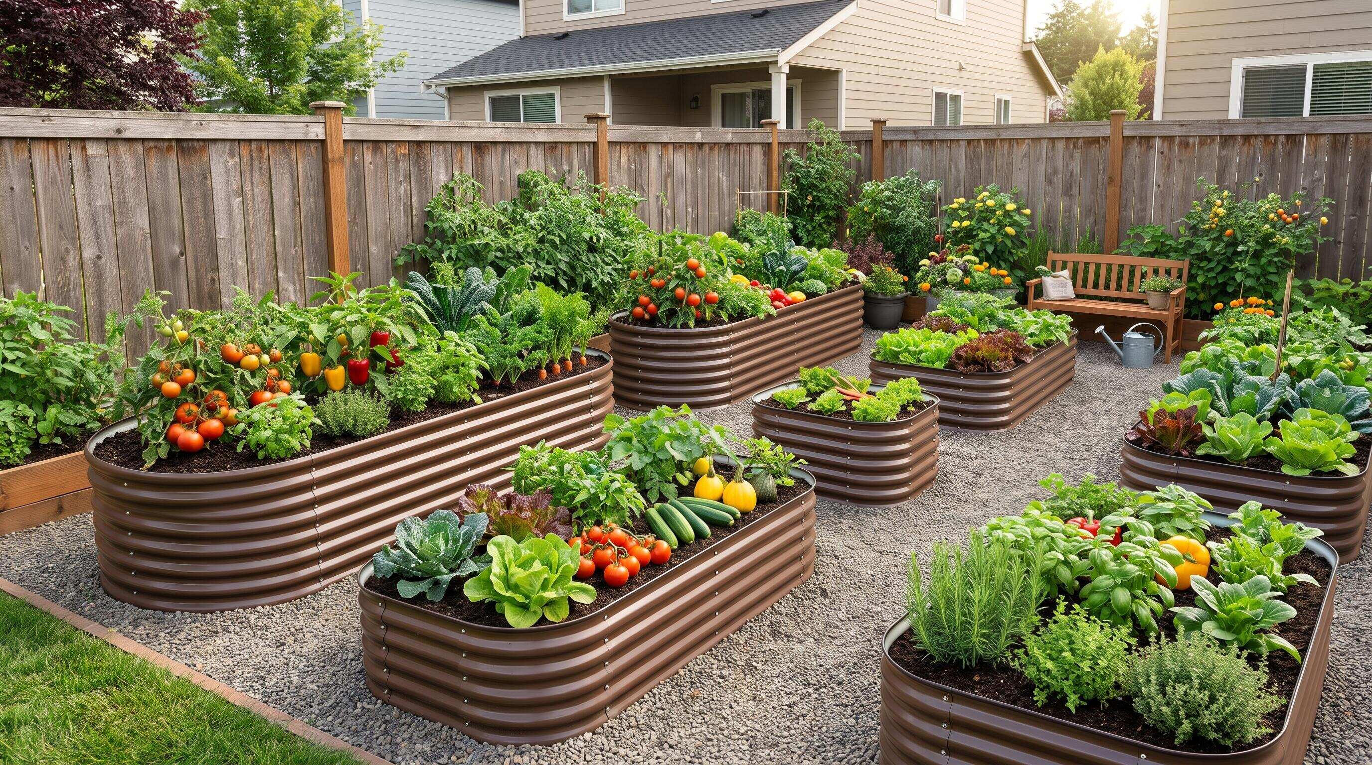 A compact suburban backyard with multiple raised garden beds in different sizes arranged efficiently A compact suburban backyard with multiple raised garden beds in different sizes arranged efficiently
