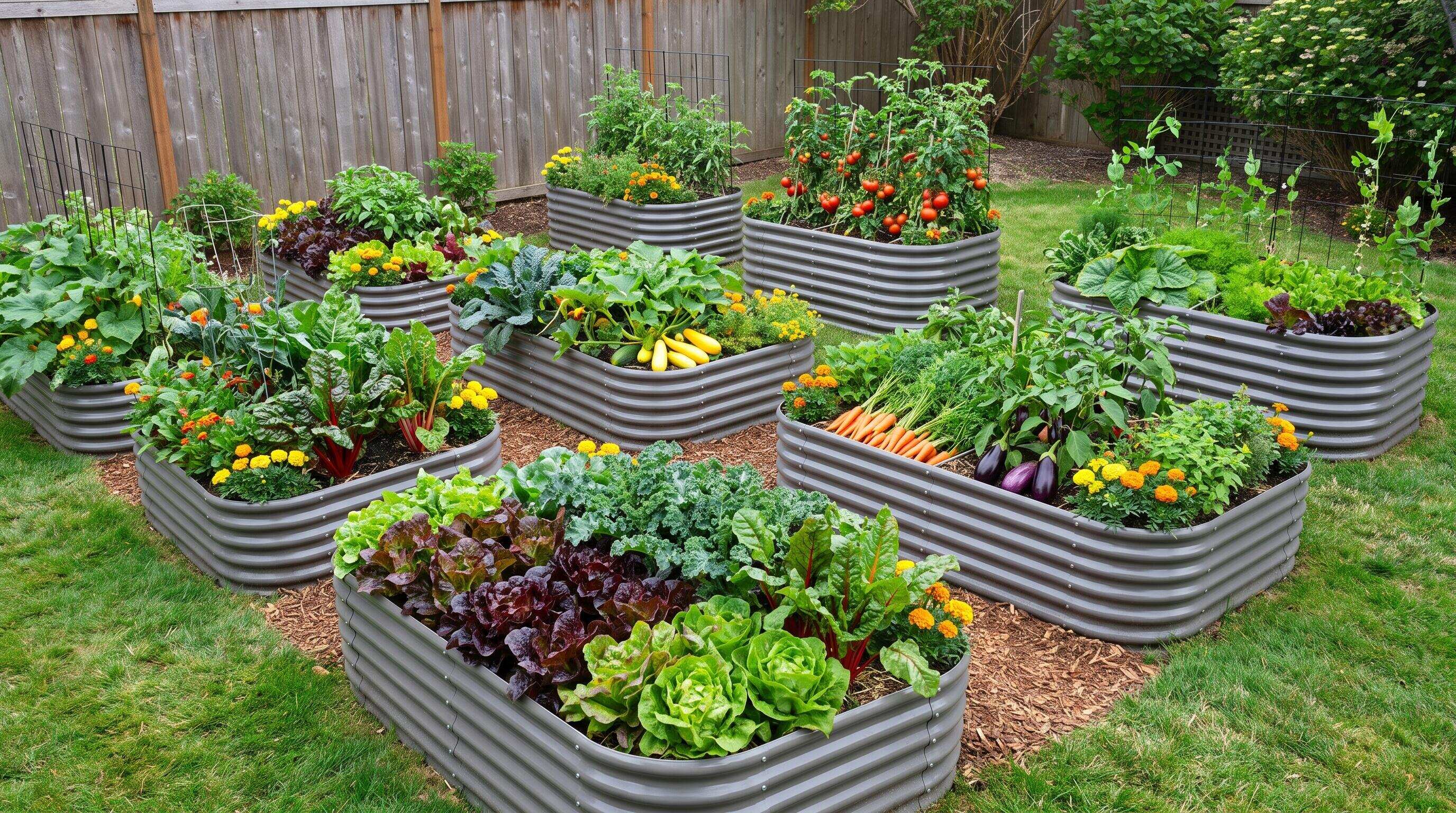 Galvanized steel raised garden beds in multiple sizes arranged in a backyard raised bed planting layout Galvanized steel raised garden beds in multiple sizes arranged in a backyard raised bed planting layout