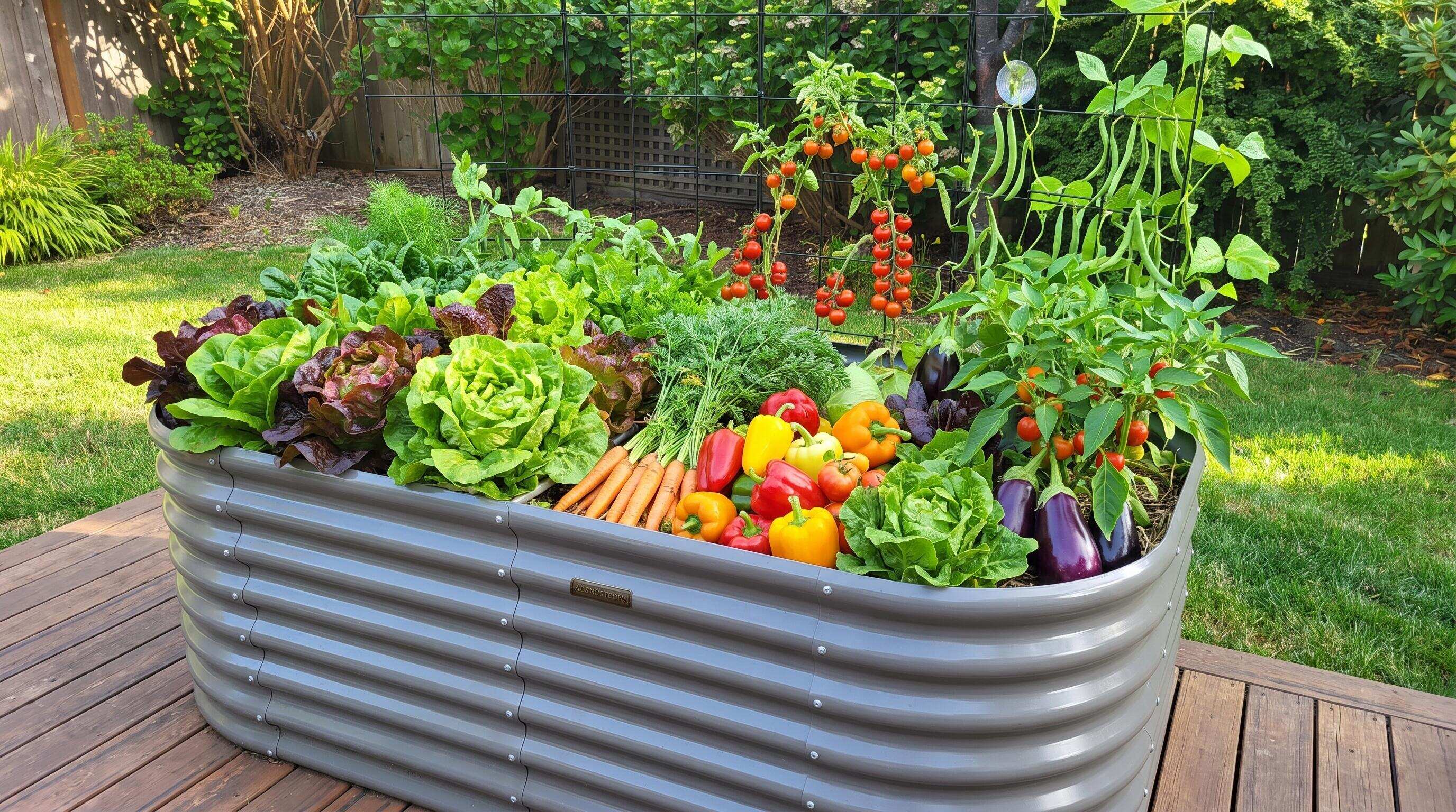 Elevated metal raised garden bed layout at standing height on patio