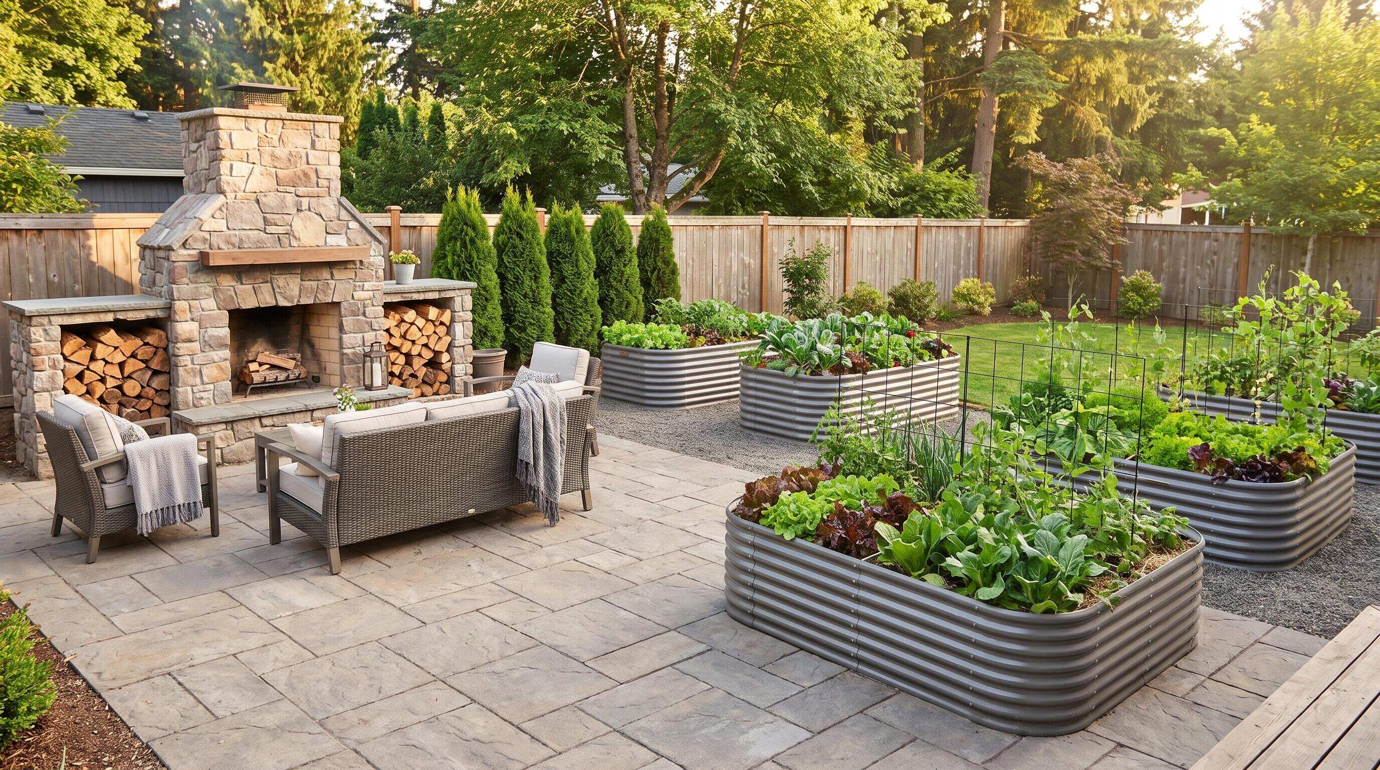 A backyard showing a firewood log rack positioned beside galvanized steel raised garden beds in an organized layout