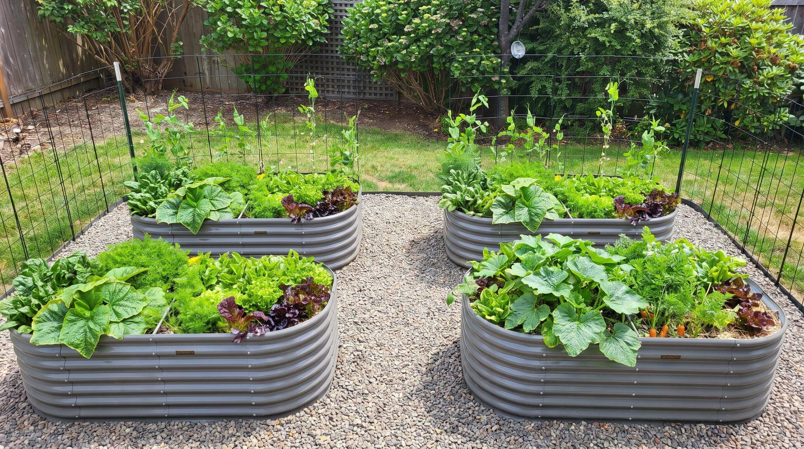 Galvanized steel raised garden beds arranged in a north-south row layout with clearly defined pathways and planted crops