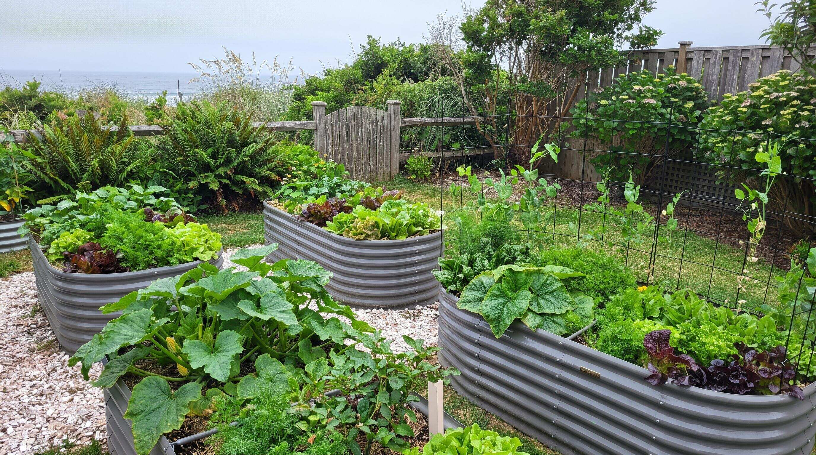 Rust-resistant raised garden beds arranged in a coastal backyard with productive raised bed planting layout Rust-resistant raised garden beds arranged in a coastal backyard with productive raised bed planting layout