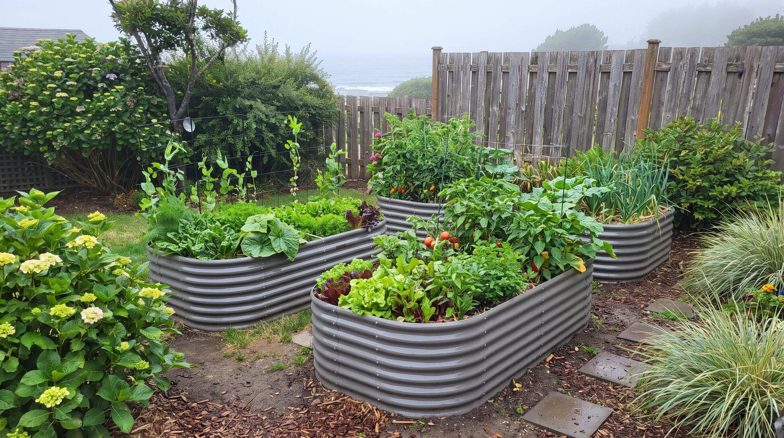 Rust-resistant raised garden beds installed in a coastal backyard with ocean-facing fence