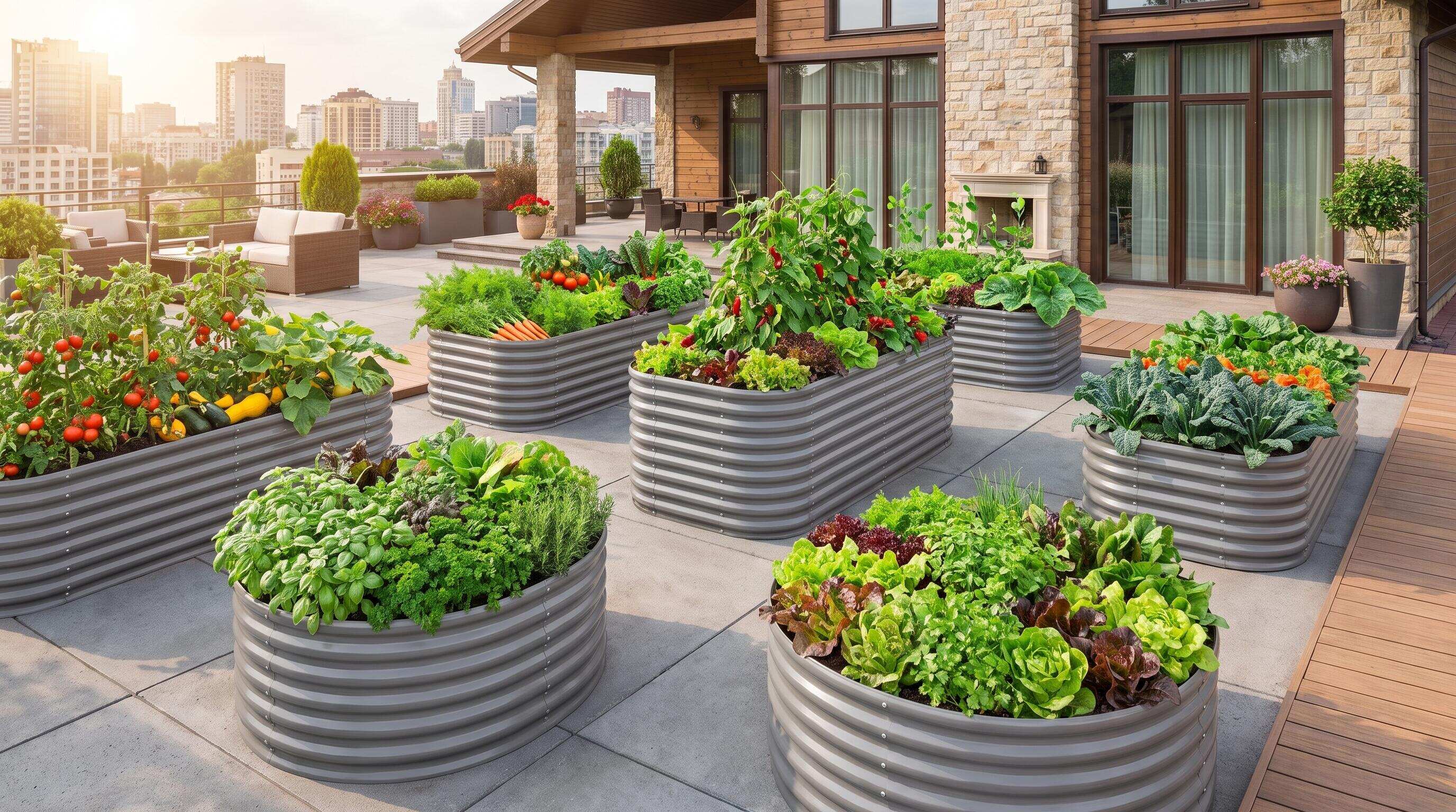 Modular raised bed garden layout showing multiple bed heights and zones for planting, raising, and beautification