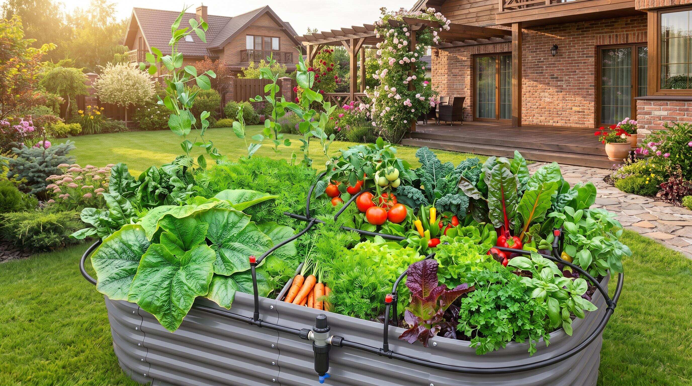Automated drip irrigation system installed in a raised bed garden layout with mulch and vegetables growing Automated drip irrigation system installed in a raised bed garden layout with mulch and vegetables growing