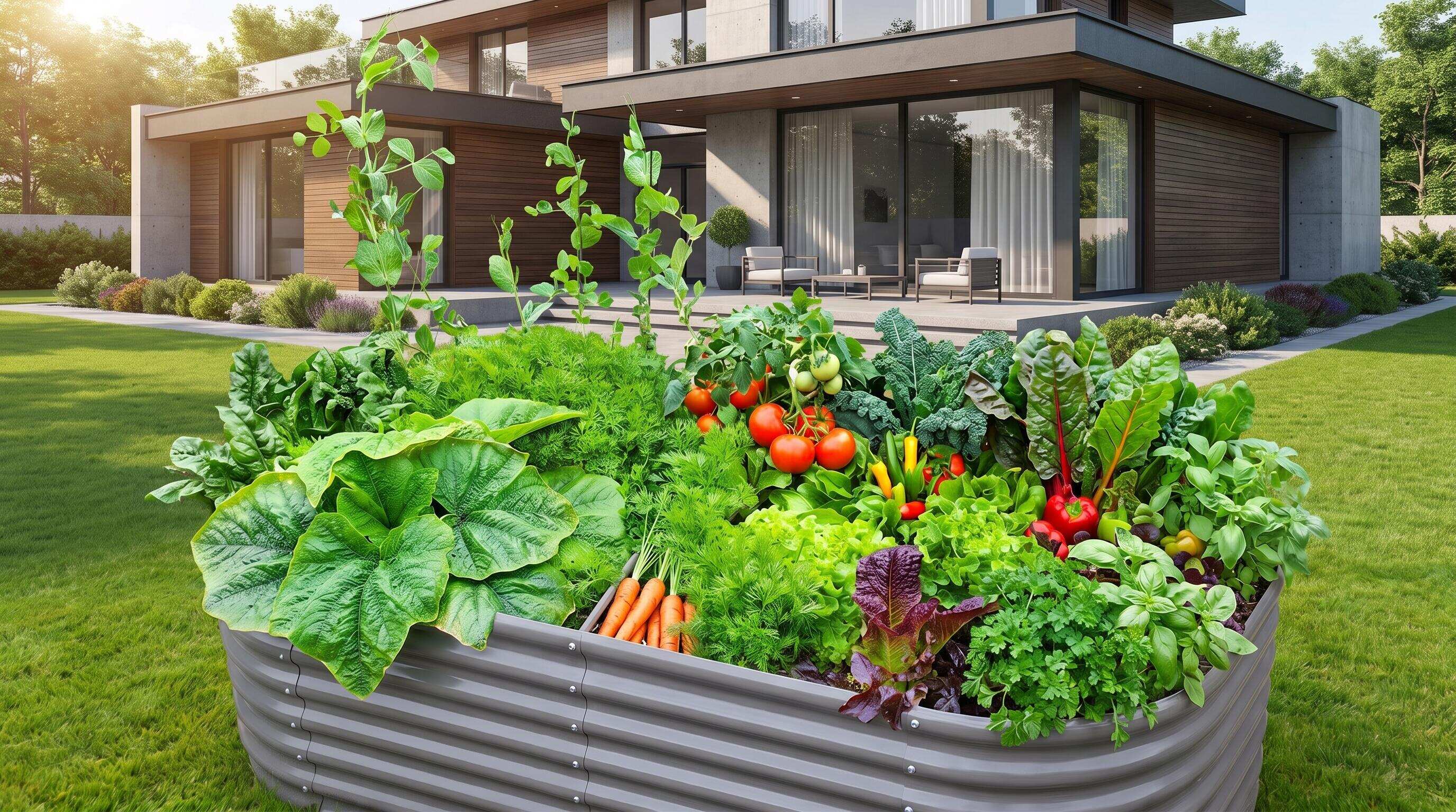 A complete backyard garden overhaul showing raised bed garden layout with galvanized steel beds, pathways, and planted vegetables A complete backyard garden overhaul showing raised bed garden layout with galvanized steel beds, pathways, and planted vegetables