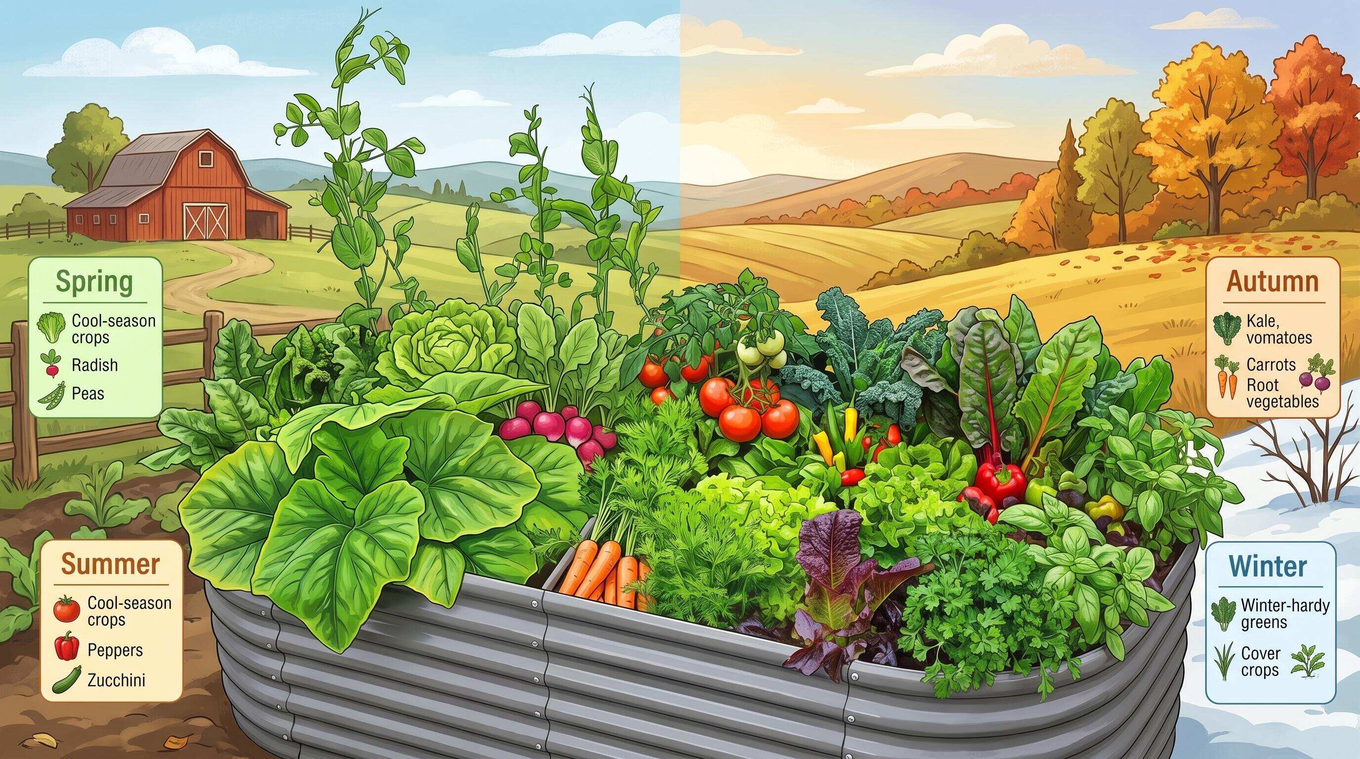 A seasonal planting calendar laid beside a galvanized steel raised bed garden in a sunlit backyard