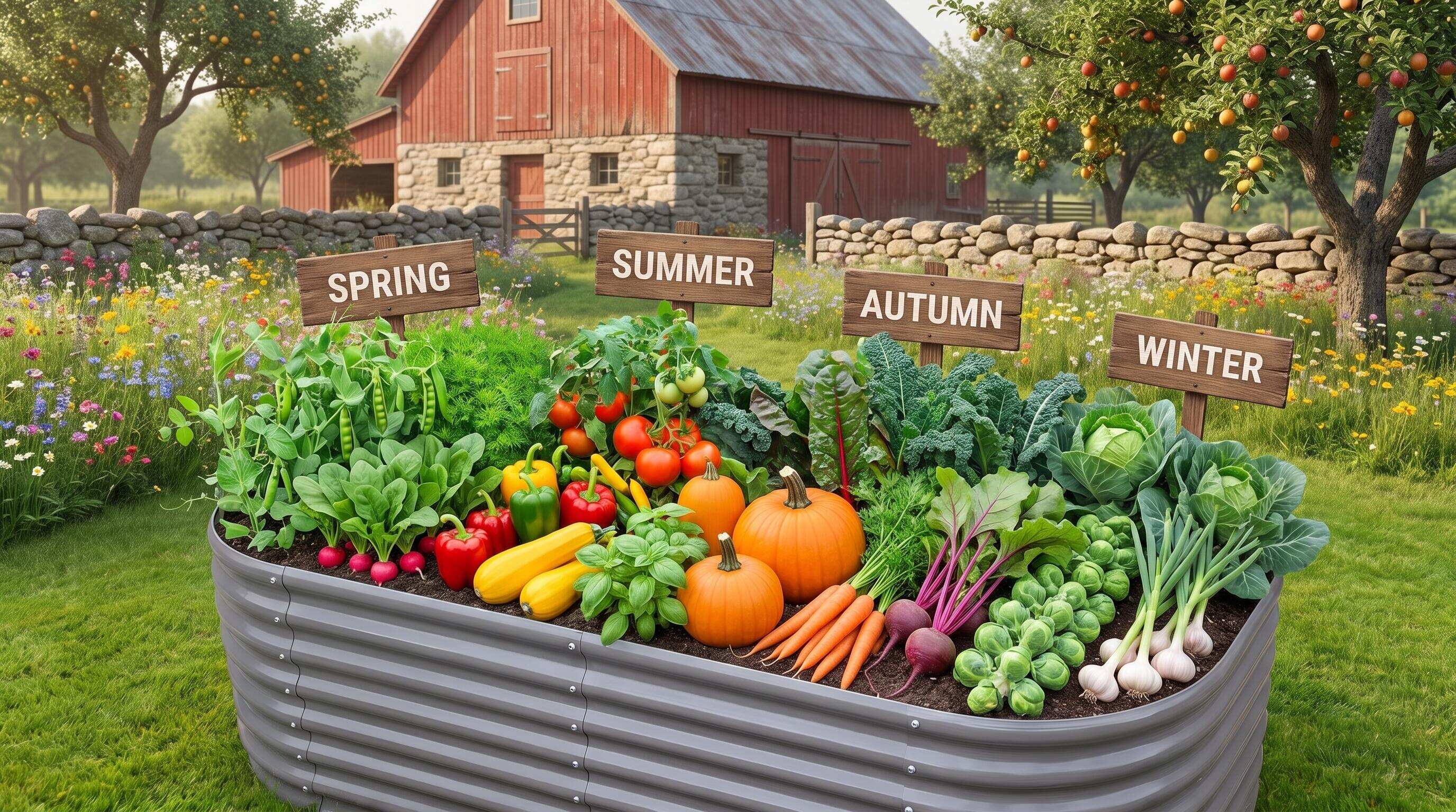 Overhead view of a well-organized raised bed garden layout with seasonal crops mapped by zone and height