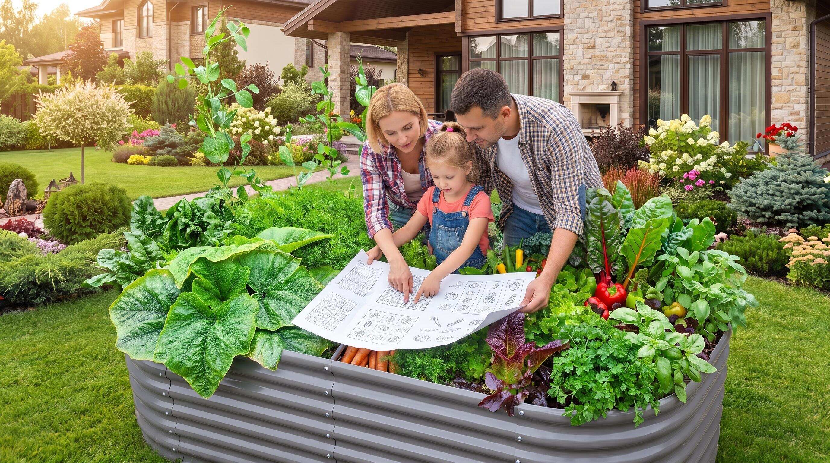 Family planning a raised bed planting layout with children pointing at a garden bed Family planning a raised bed planting layout with children pointing at a garden bed