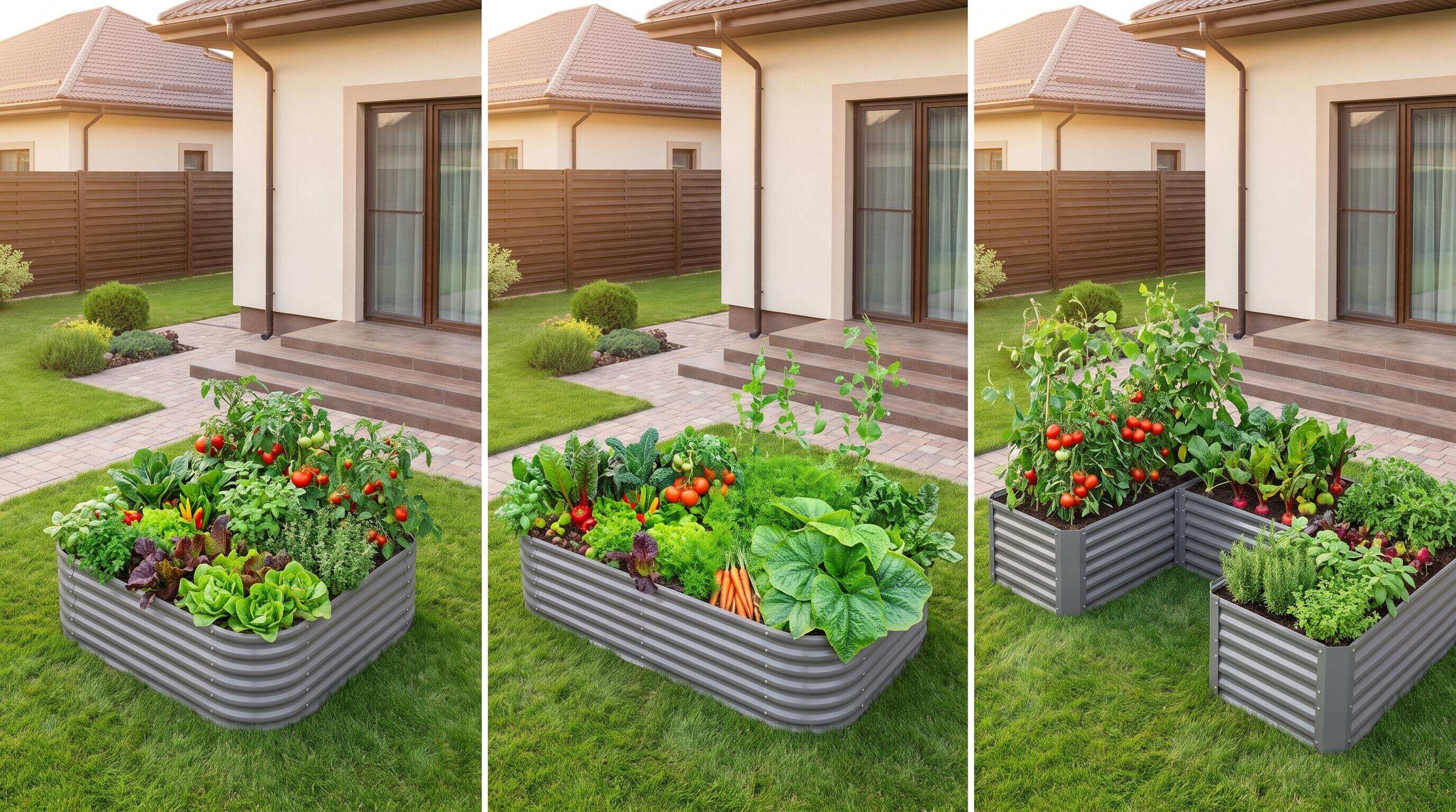 Three compact backyard raised bed layout configurations shown side-by-side: compact beds, 8x4 mid-range beds, and a modular multi-bed planting arrangement Three compact backyard raised bed layout configurations shown side-by-side: compact beds, 8x4 mid-range beds, and a modular multi-bed planting arrangement