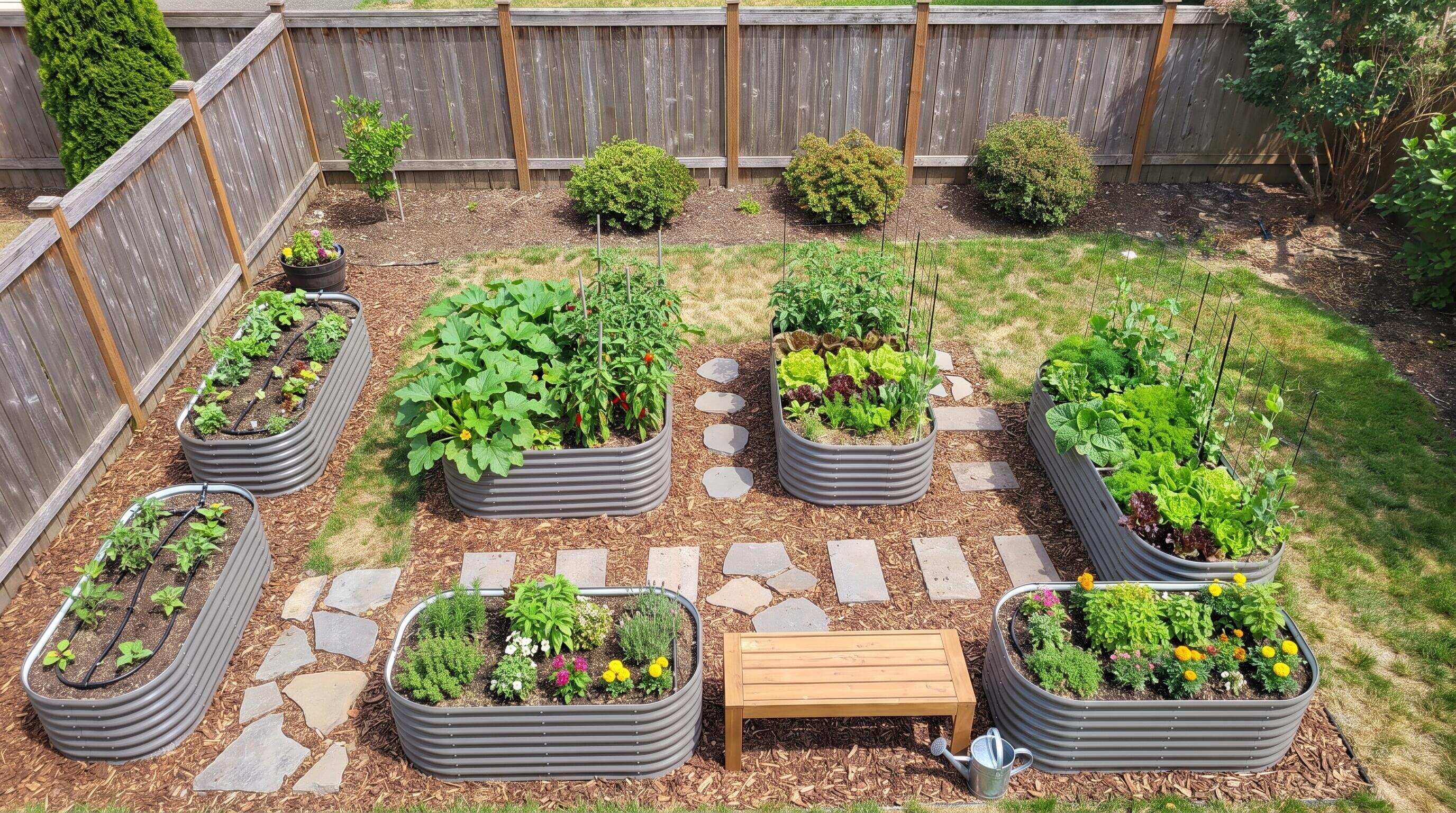 Comprehensive raised bed garden layout overview showing soil systems, irrigation, pathways, and raised bed planting layout with multiple galvanized steel beds Comprehensive raised bed garden layout overview showing soil systems, irrigation, pathways, and raised bed planting layout with multiple galvanized steel beds