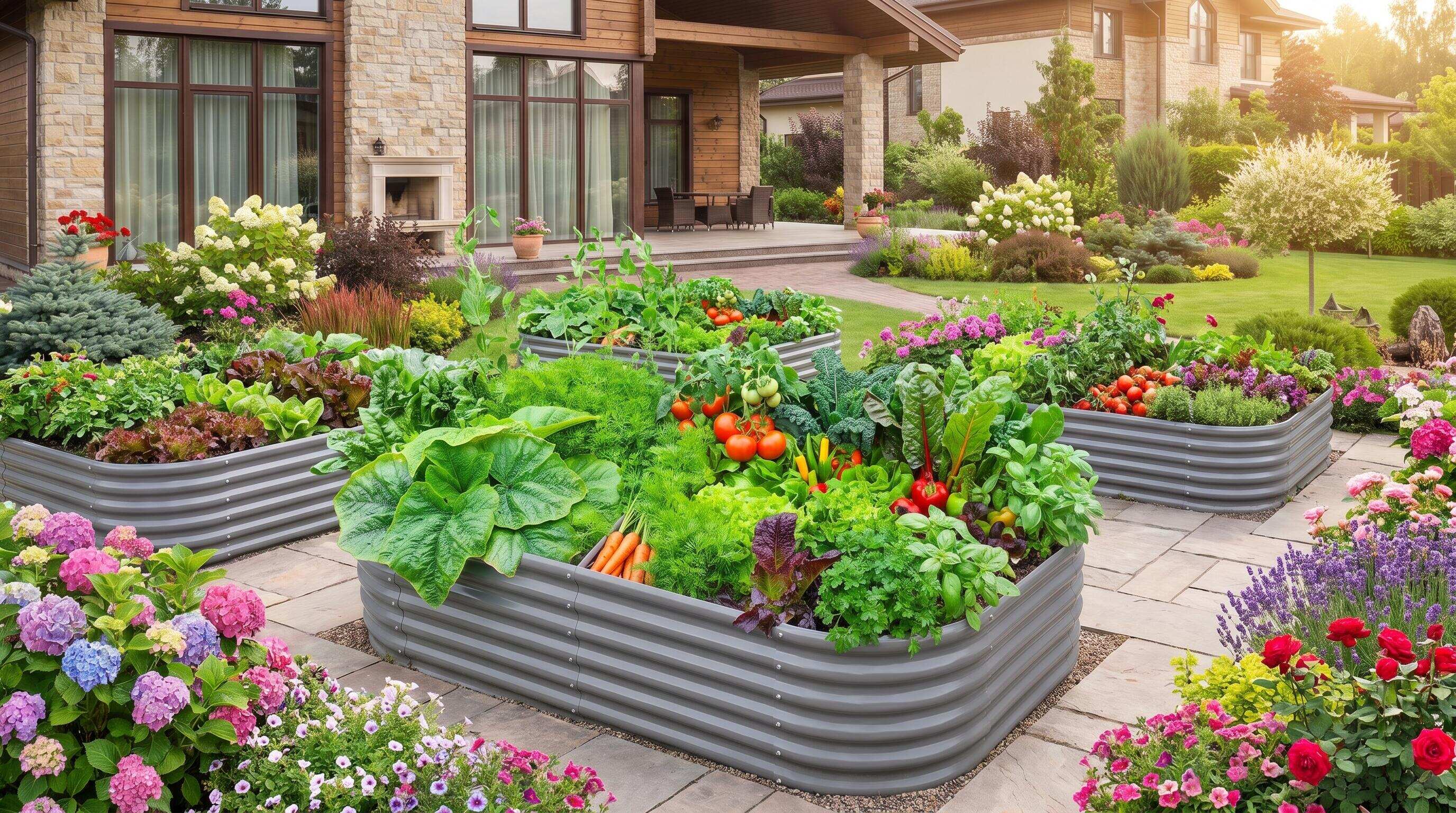 A modular raised bed garden layout with multiple galvanized steel beds arranged in a family backyard