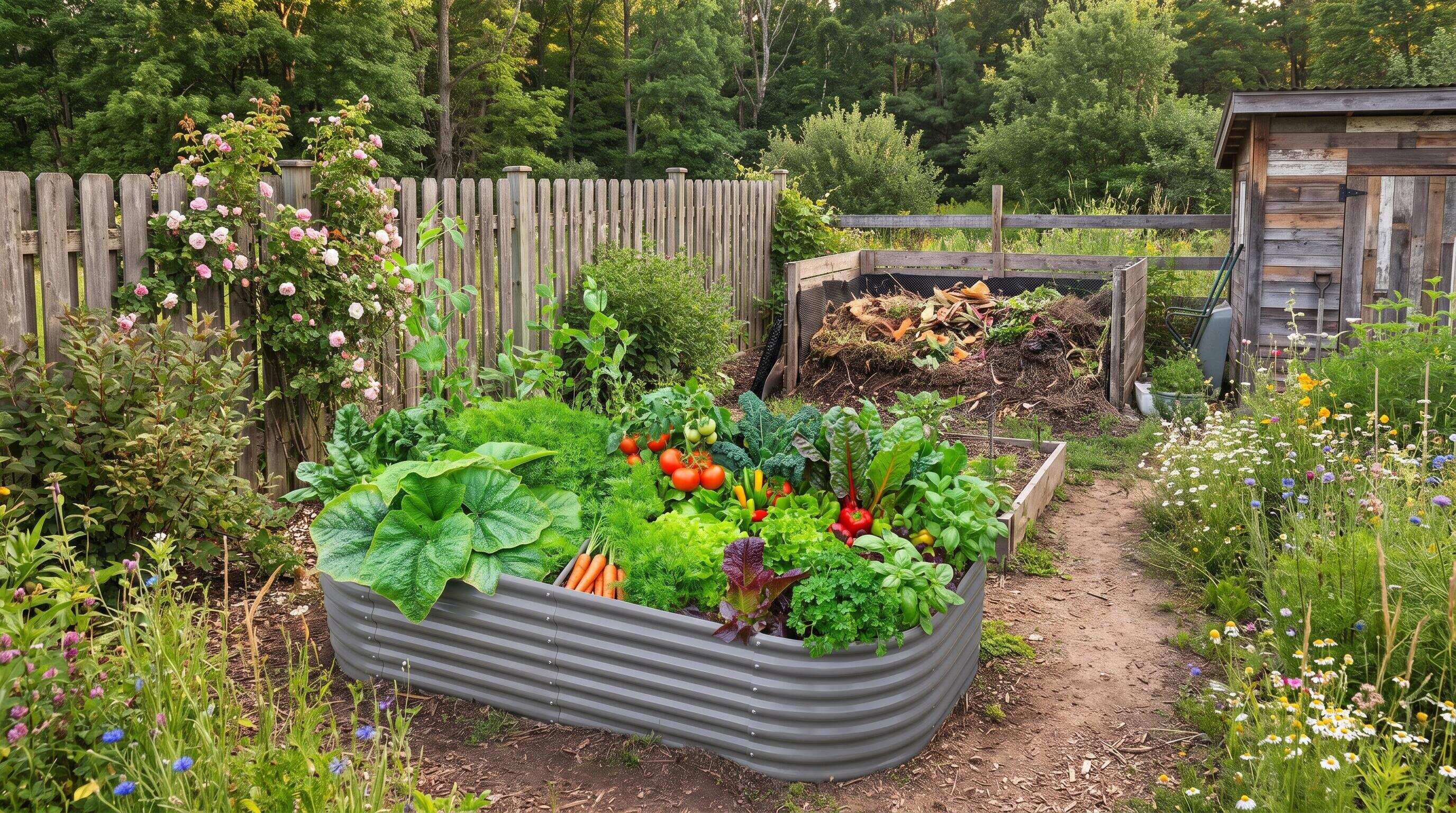 Backyard compost bin positioned near raised garden beds for efficient organic nutrient cycling