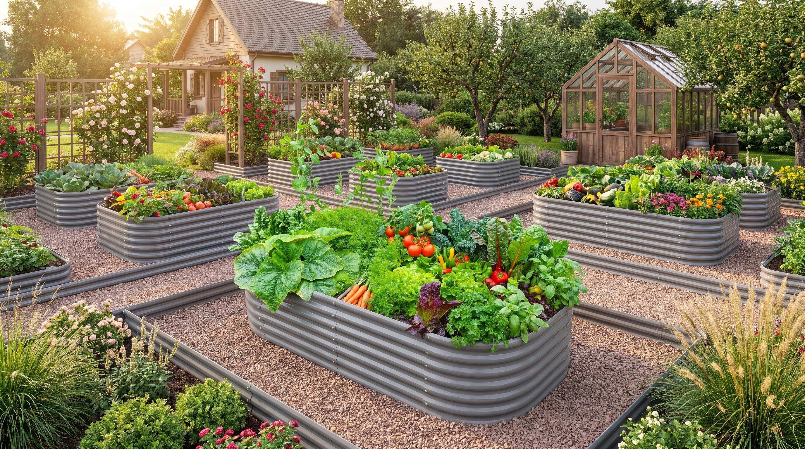 Decorative metal raised garden beds arranged in a modular layout with pathway edging in a residential backyard