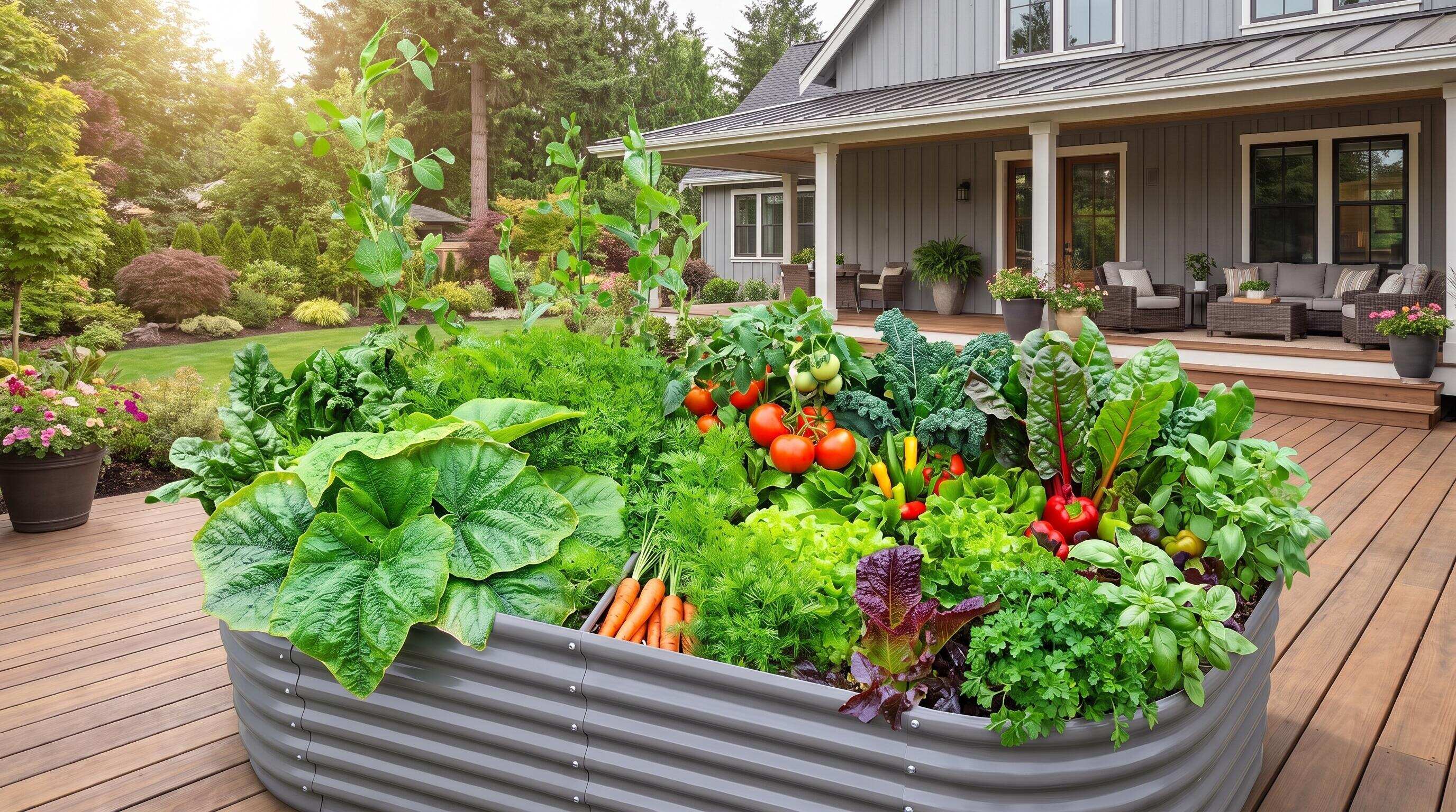 A galvanized steel raised garden bed in a lush backyard landscape with complementary colors